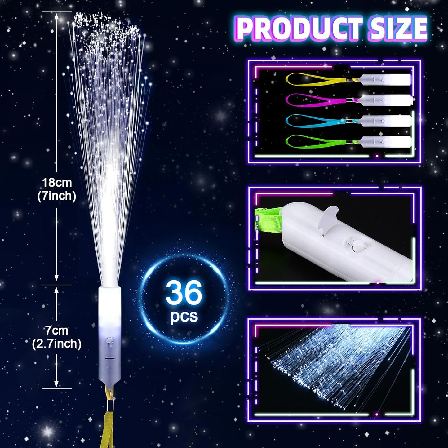 36 PCS White Fiber Optic Sticks, LED Fiber Wands, Fiber Optic Wand with 3 Light Modes, Glow in the Dark Party Supplies, Wedding Party Supplies, for Wedding, New Year, Birthday, Carnival
