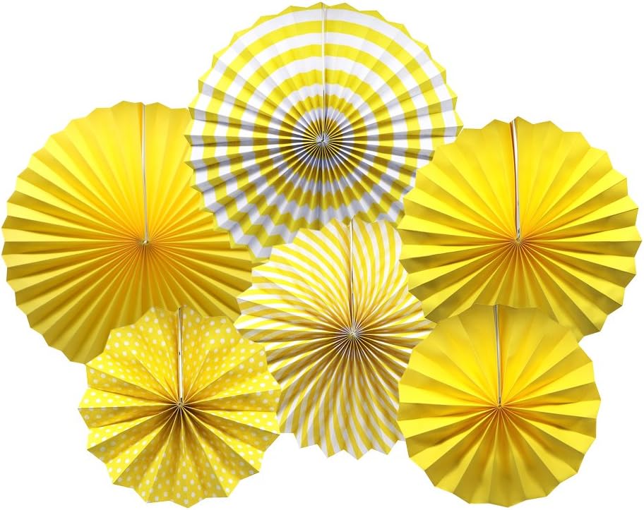 ADLKGG Party Hanging Paper Fans Set, Yellow Round Pattern Paper Garlands Decoration for Birthday Wedding Graduation Events Accessories, Set of 6