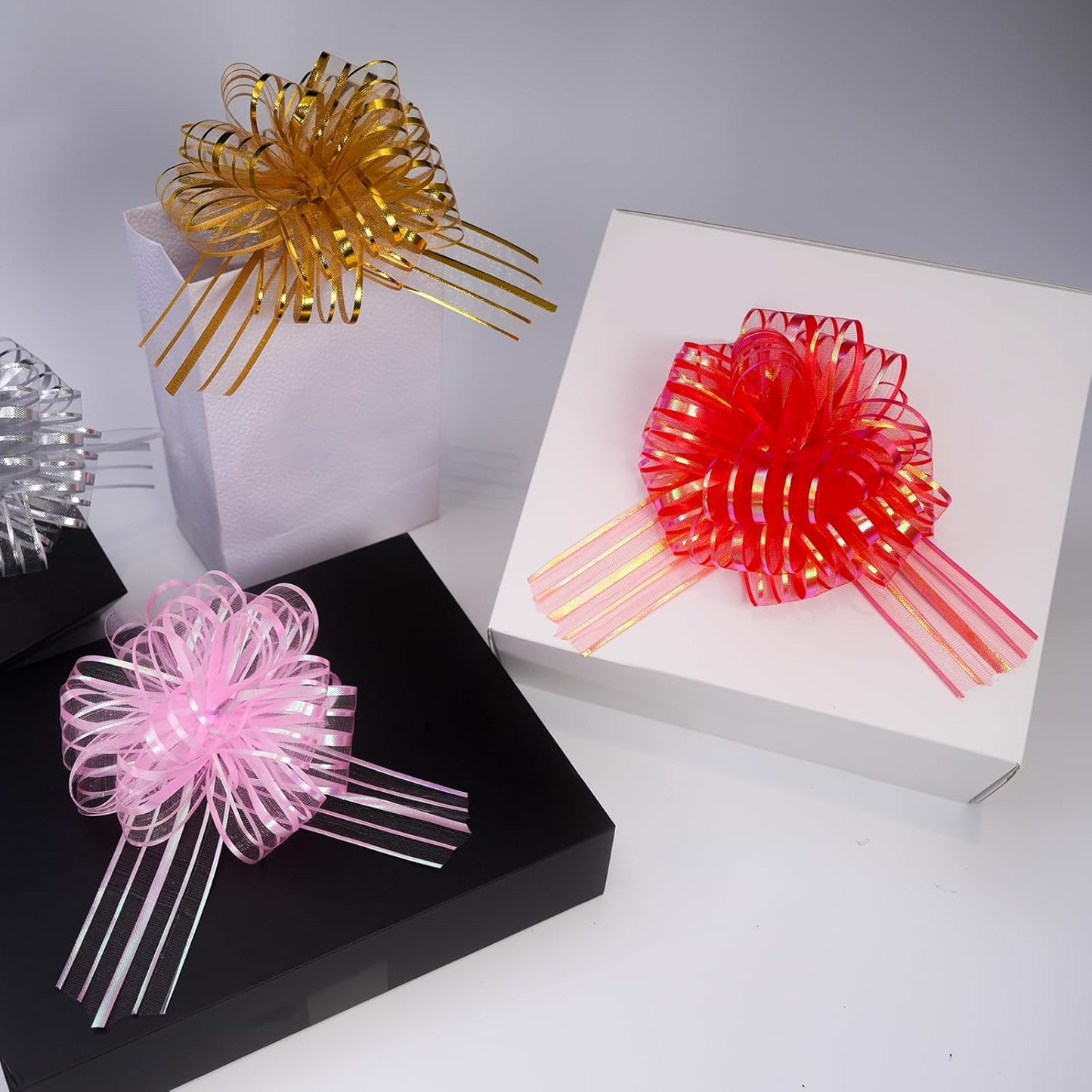 12 Pcs 6 Inch Large Organza Pull Bow Ribbon – Elegant Gift Bows for Wedding Decorations, Christmas Wrapping, Birthday Parties, Car Decor, Gift Baskets, and Valentine's Day Packaging(Red)