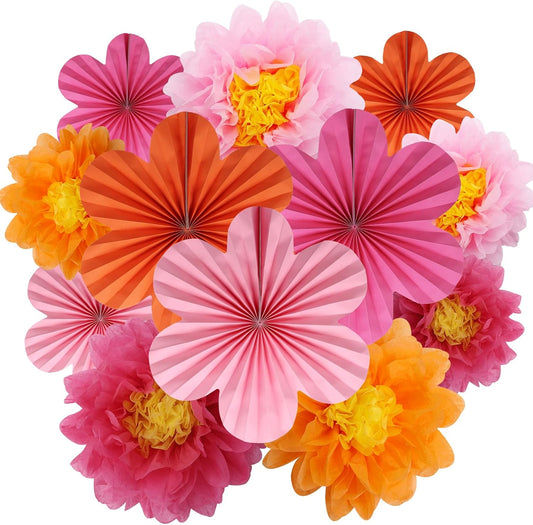 12PCS Paper Flowers Fans Orange and Hot Pink Party Decorations Tissue Paper Flowers Decorations for Girl Groovy Birthday Baby Shower Wedding Bachelorette Room Wall Hanging Décor