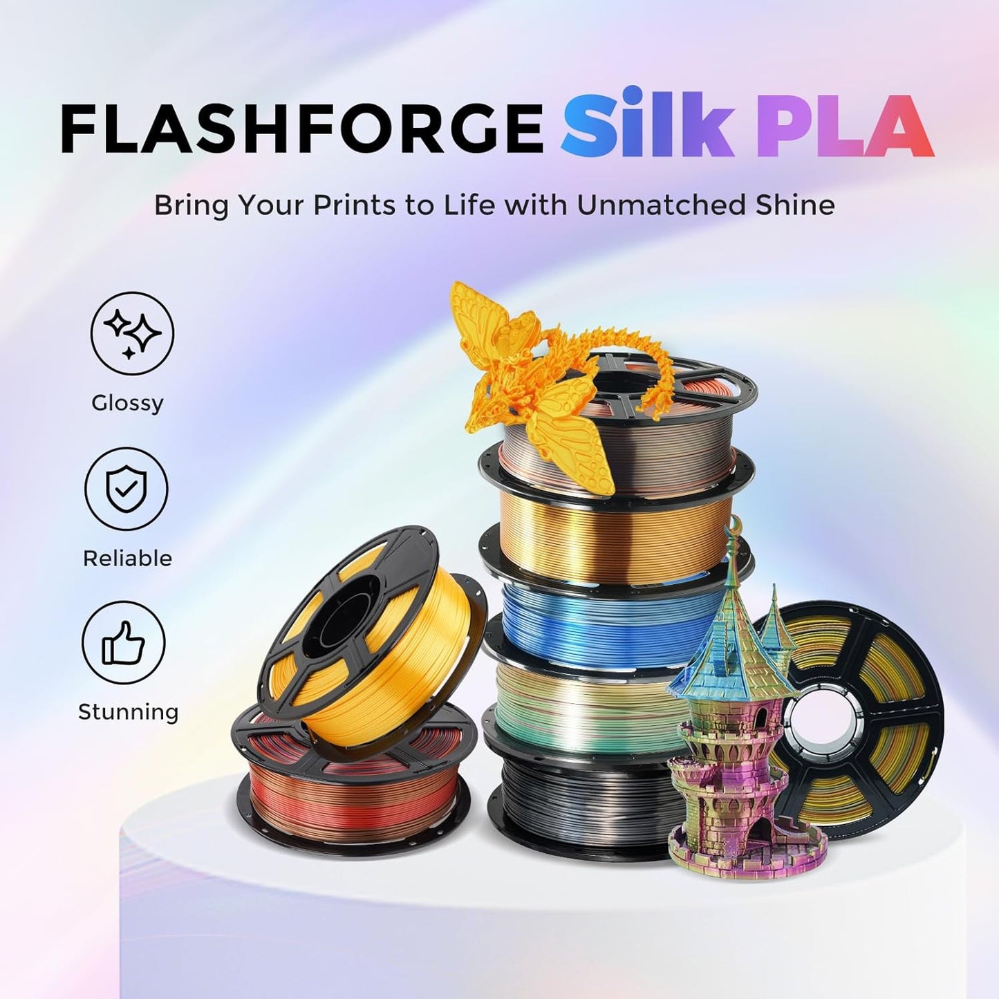 FLASHFORGE Silk Dual Color Filament, Blue to Silver Gradient, Smooth Color-Changing 3D Printer Filament 1kg (2.2lbs) Spool, 3D Printing Filament Easy to Use and Fits for Most FDM 3D Printers