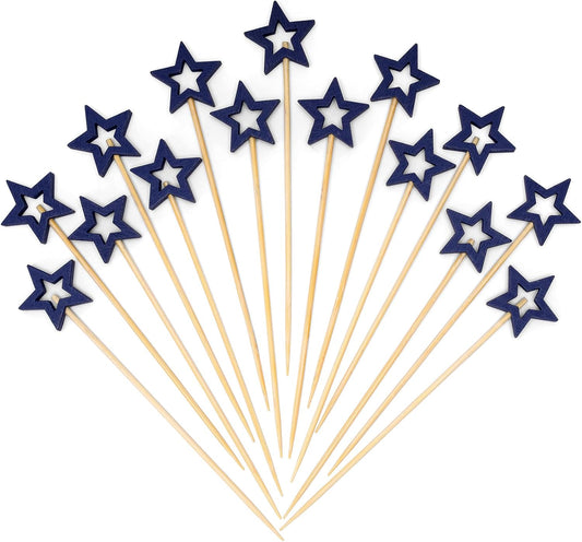 Minisland Big Navy Blue Star Cocktail Picks, 5.5 Inch Long Bamboo Fancy Toothpicks for Appetizers, Decorative Independence Day Holiday Party Food Drinks Garnish Fruit Skewer Sticks 50 Counts - MSL433