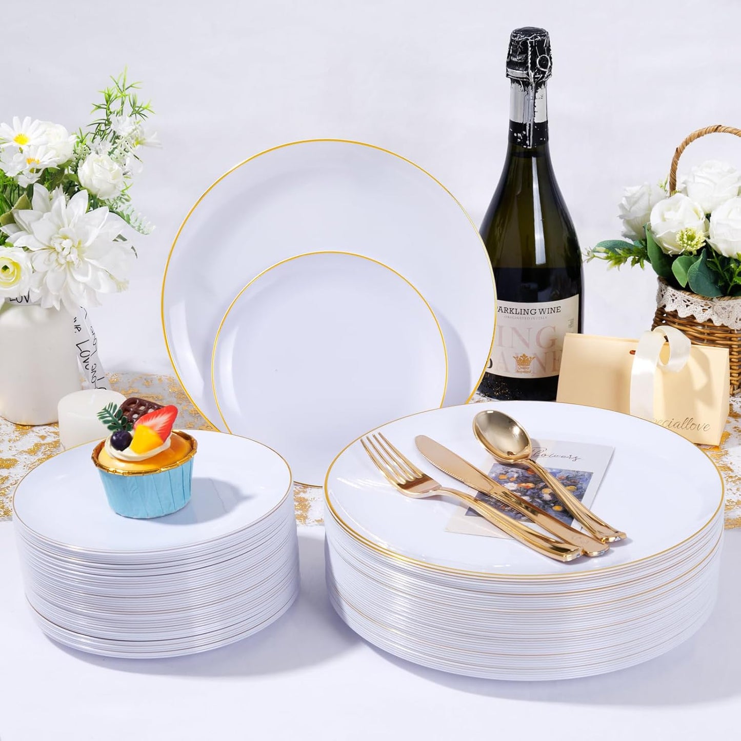 KIRE 200PCS Gold Plastic Plates - Disposable Plates for Party - White Plastic Plates with Gold Rim Include 100 for Dinner and 100 for Dessert/Salad in Wedding/Thanksgiving