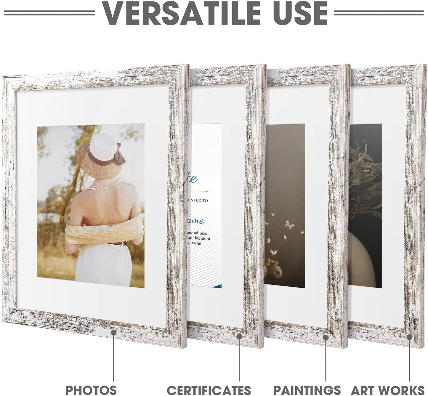 TWING Rustic Picture Frames 11x14 Set of 6, Distressed White Composite Wood Large Gallery Wall Frame Set Display Photos 8x10 with Mat or 11x14 without Mat Wall Mounting, Ideal Valentine Gifts for