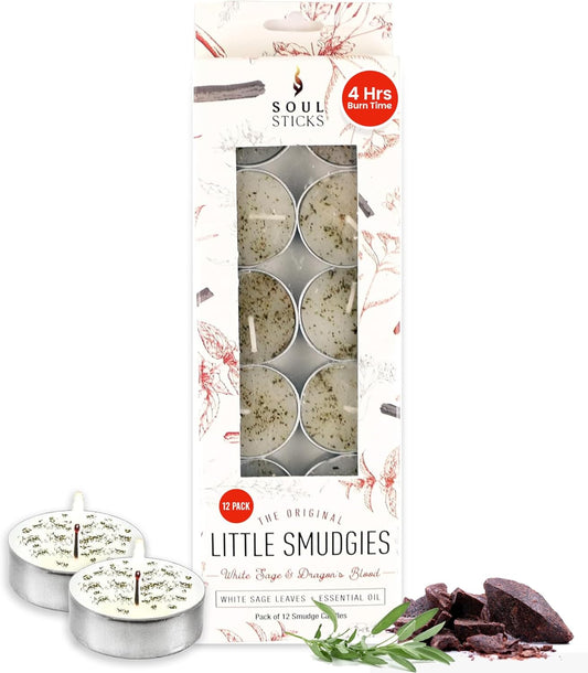 SOUL STICKS 12 Pack Little Smudgies Tealight Candles Smudge Candle for Cleansing House, Meditation, Chakra Healing | Made with Crystals and Herbs (White Sage & Dragon's Blood)