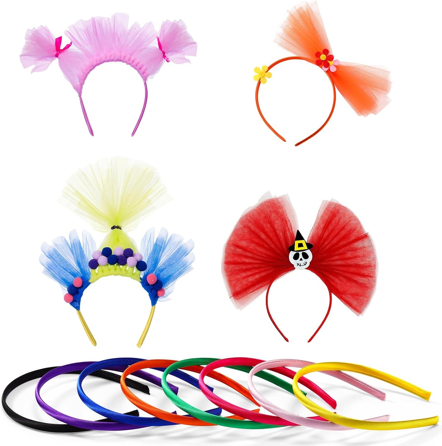 Canlierr 24 Pcs Rainbow Headbands 6 Tulle Mesh Fabric Rolls 100 Felt Flowers Embellishments for DIY Crafts 6 Colorful Satin Roll Ribbons for DIY Headbands Halloween Party Decoration