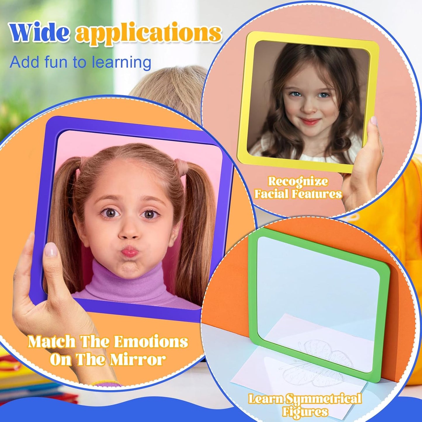 Dandat 30 Pcs Small Mirrors for Kids 6 x 6 Inch Square Shatter Proof Reflector Toddler Glass Plastic Reflector for Classroom DIY Craft Preschool Facial Expression (Rich Colors)