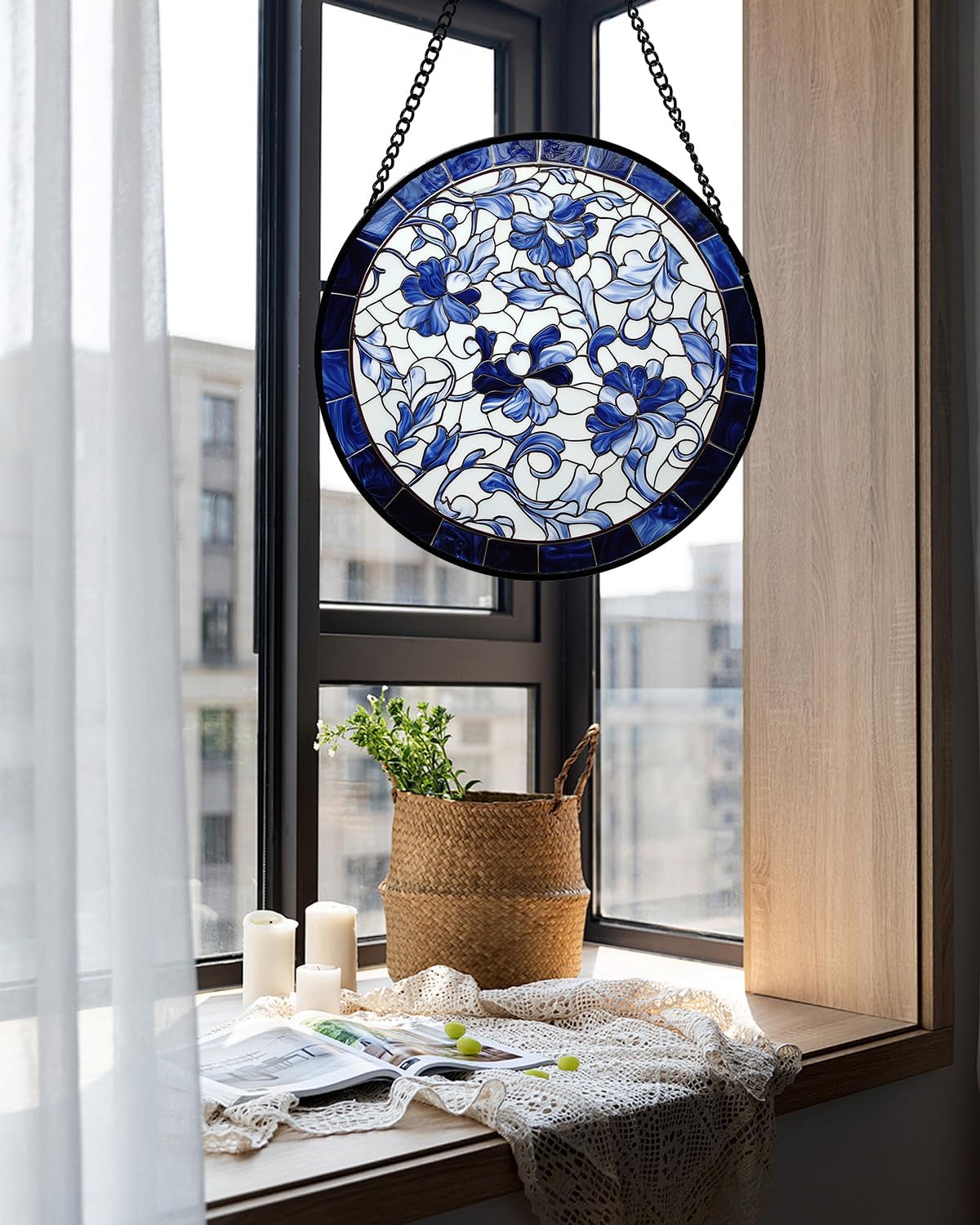 Stained Glass Window Hanging, Blue and White Abstract Flowers Sun Catcher for Door Home Decor Suncatcher Christmas Mother's Day Birthday Gifts for Women Men Mom and Nana 6.3 in