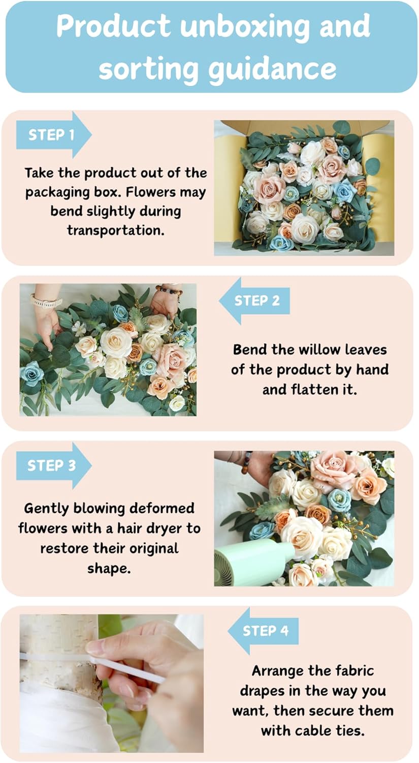 Artificial Wedding Arch Flowers Kit(Pack of 4),2Pcs Artificial Flower Arch Decor, 2Pcs Chiffon Fabric Drapes, Ceremony Decoration, Floral Outdoor Party Decor (Champagne & Blue)