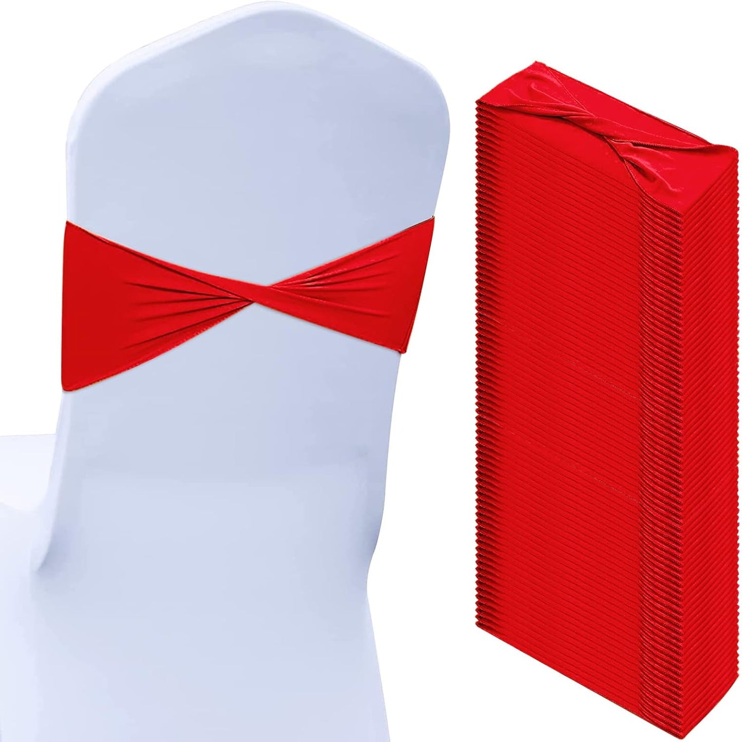 Kinlop 50 Pcs Spandex Chair Sashes Bows Chair Bands Slider Sashes for Covers Elastic Bands Ties Without Buckle Decorations for Wedding Party Events Ceremony Birthday(Red)