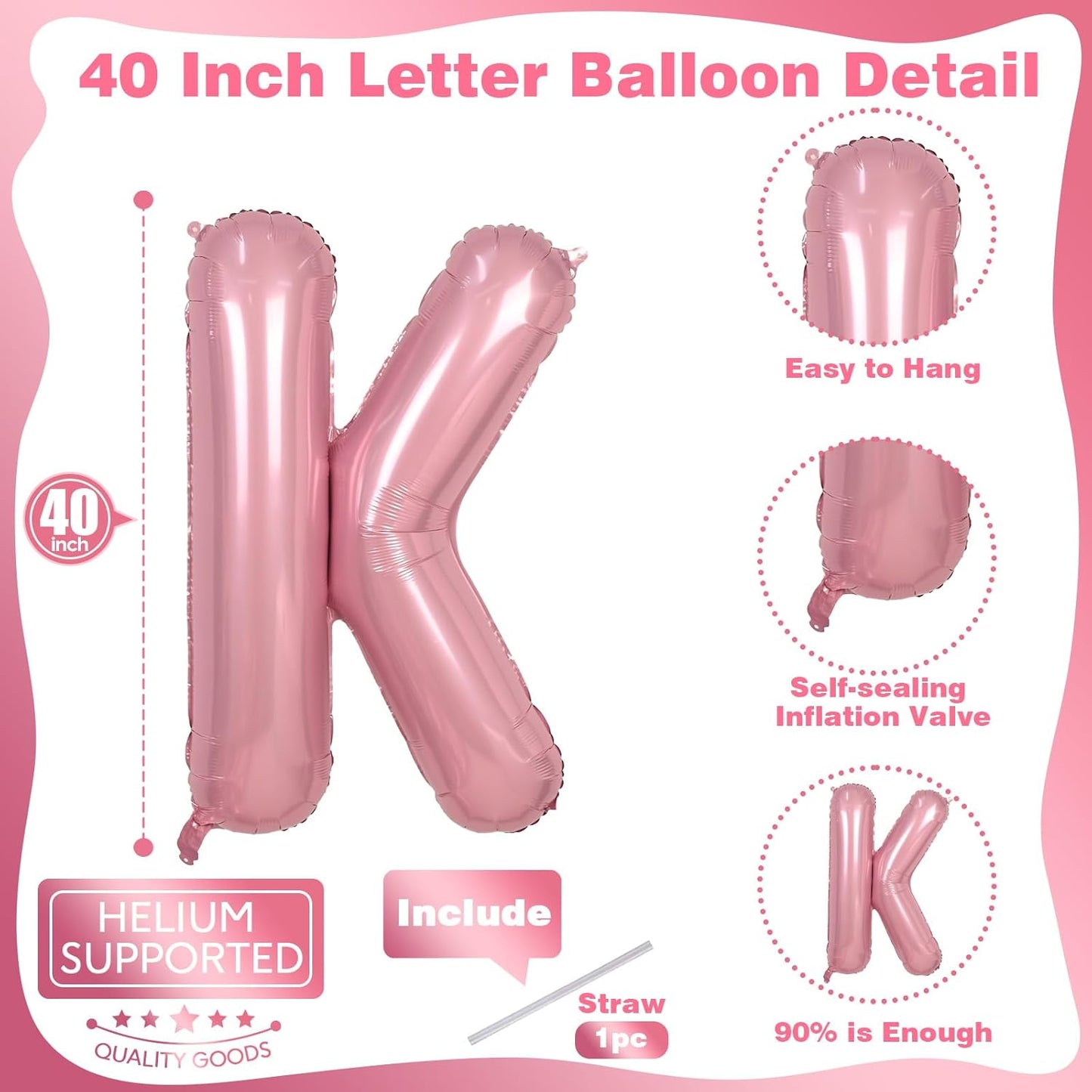 40" Balloon Letter K Pastel Pink, Large Foil Baby Pink Letter Balloons A - Z for Girls, Light Pink K Helium Balloon for Women Birthday Anniversary Graduation New Year Party Decoration Supplies