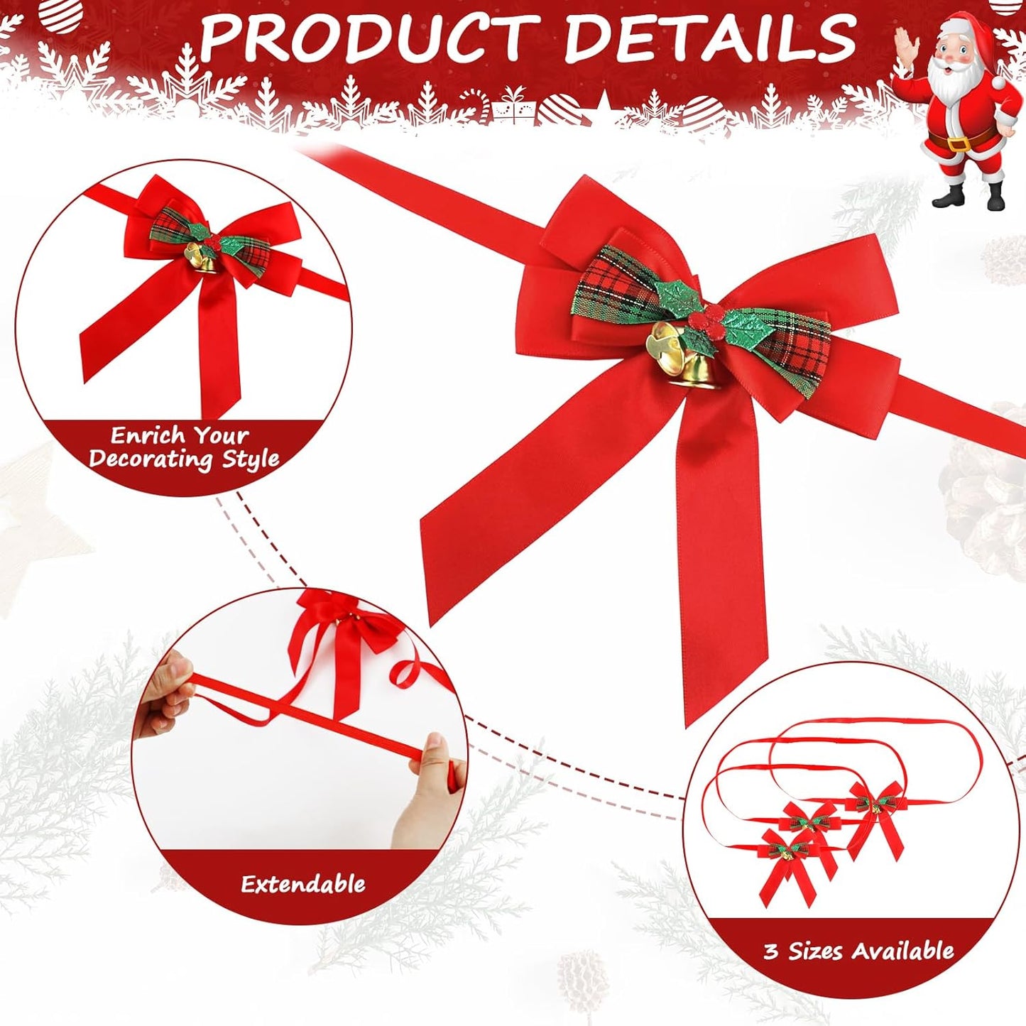 Christmas Bows for Gift Wrapping, 24 Elastic Red Stretch Loops with Bows,3 Sizes Red Bows Ribbon Crafts Perfect Boxes, Party Favors and Weddings