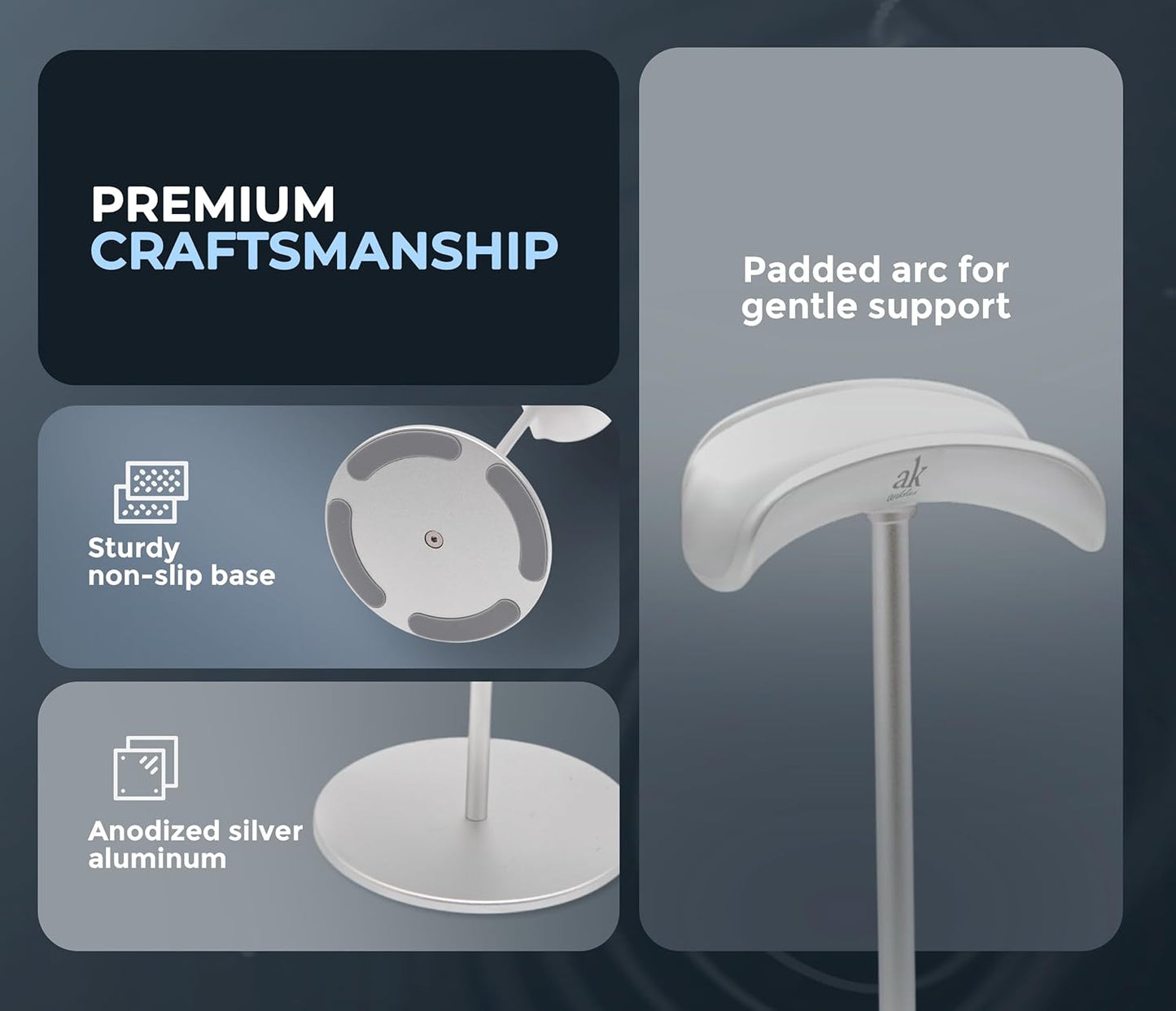 Headphone Stand for Desk – Premium & Minimalist Headset Holder with Round or Oval Base for Gaming, Office & Home (Silver, Standard)