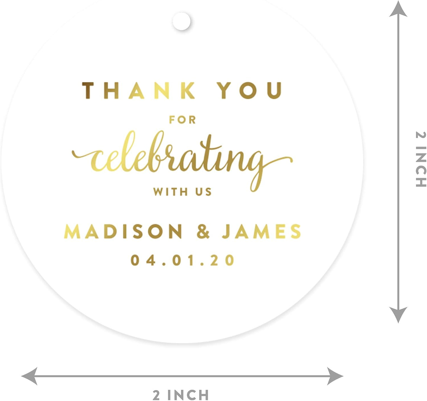 Andaz Press Personalized Round Circle Wedding Gift Tags, Metallic Gold Ink, Thank You for Celebrating with US, 24-Pack, Custom Made Any Name, Baby Bridal Shower, Baptism, Graduation, Business