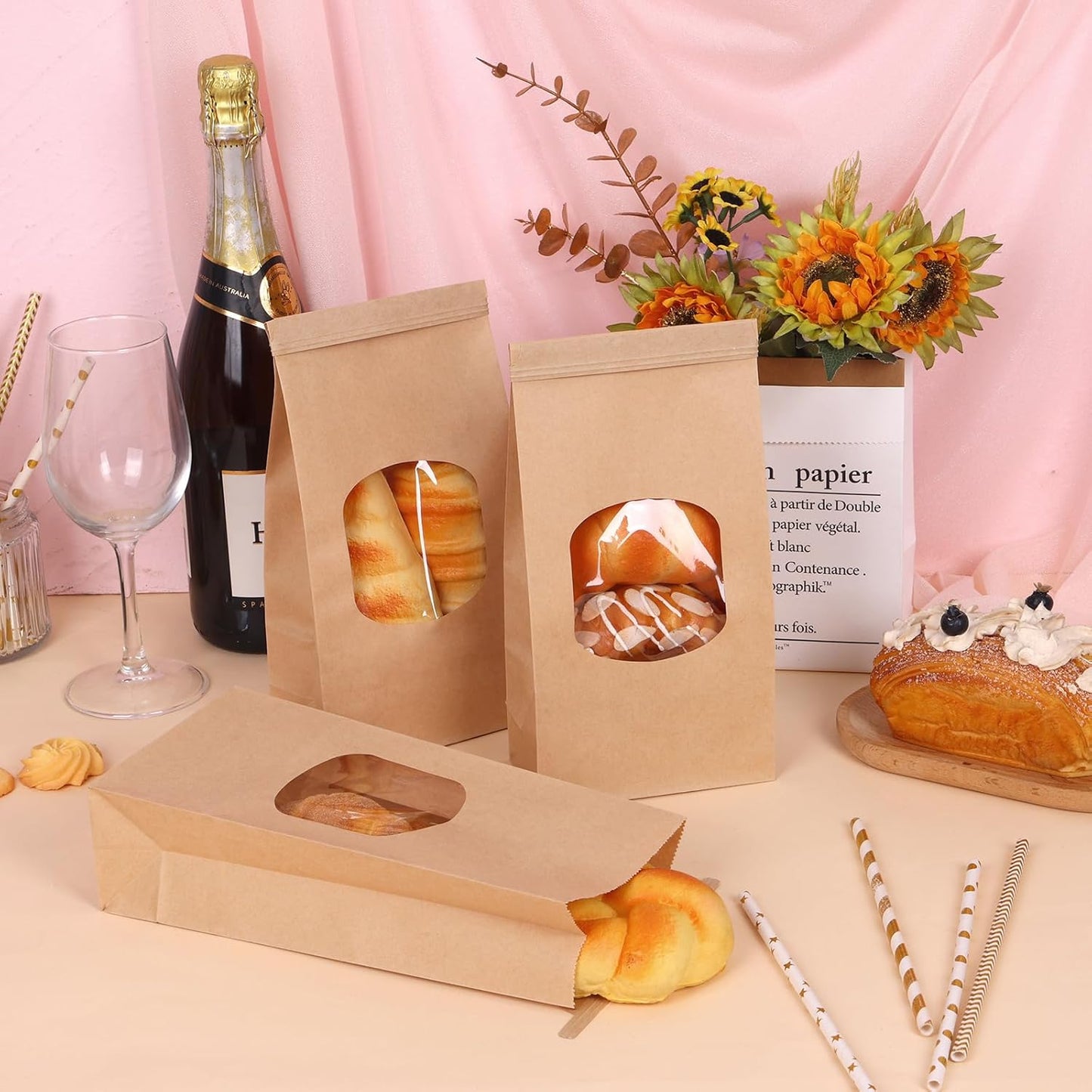 Moretoes 55pcs Medium Bakery Cookie Bags with Window, 4.5x2.36x9.6in Tin Tie Tab Kraft Paper Treat Bags for Cookie Coffee Bread Bakery Packing