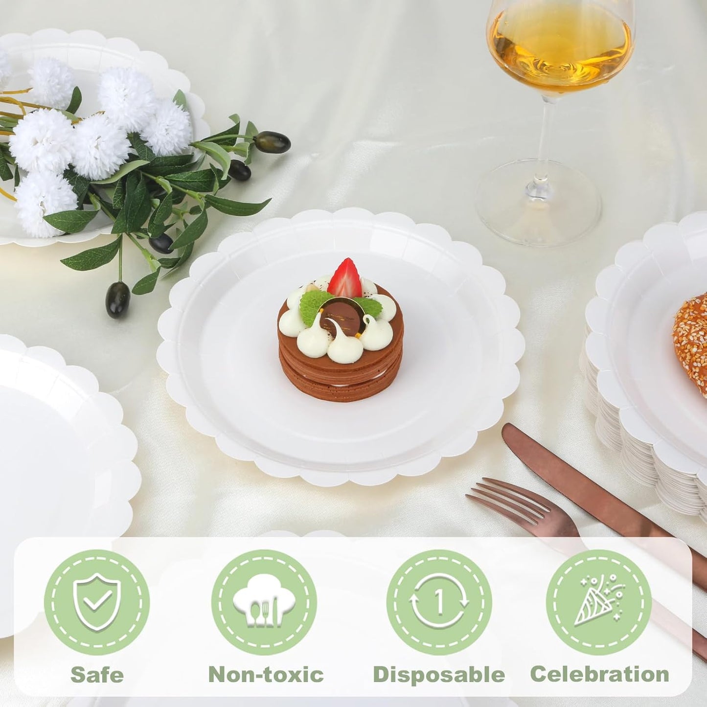 48 Pcs White Paper Plates 9 Inch Scalloped Dessert Plates - Disposable Sage Green Cake Plate - Baby Shower Birthday Party Wedding Bridal Party Supplies