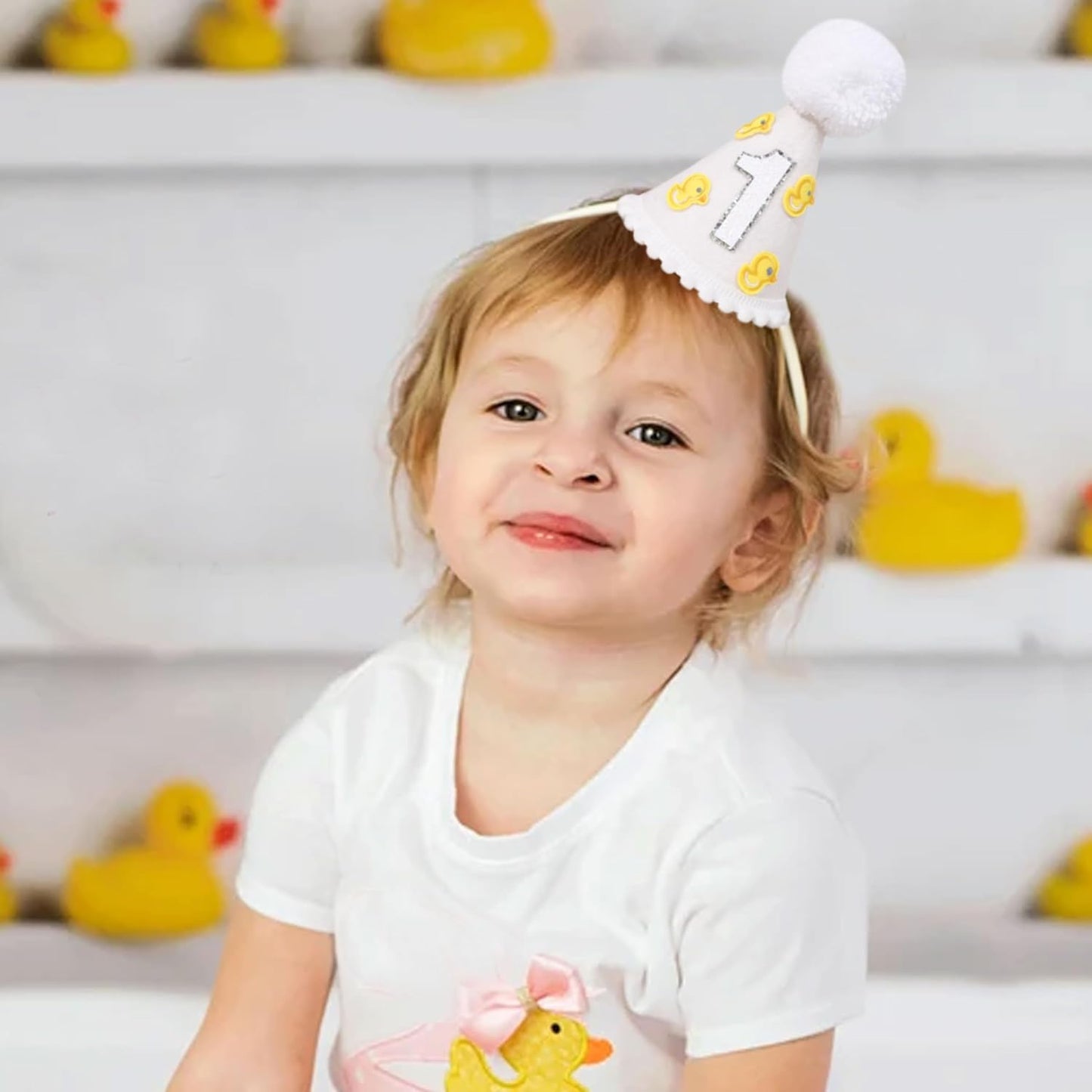 Little Yellow Duck 1st Birthday Party Hat - Duck Themed Cake Smash Decor, Yellow & White Cone Hat for Boys & Girls