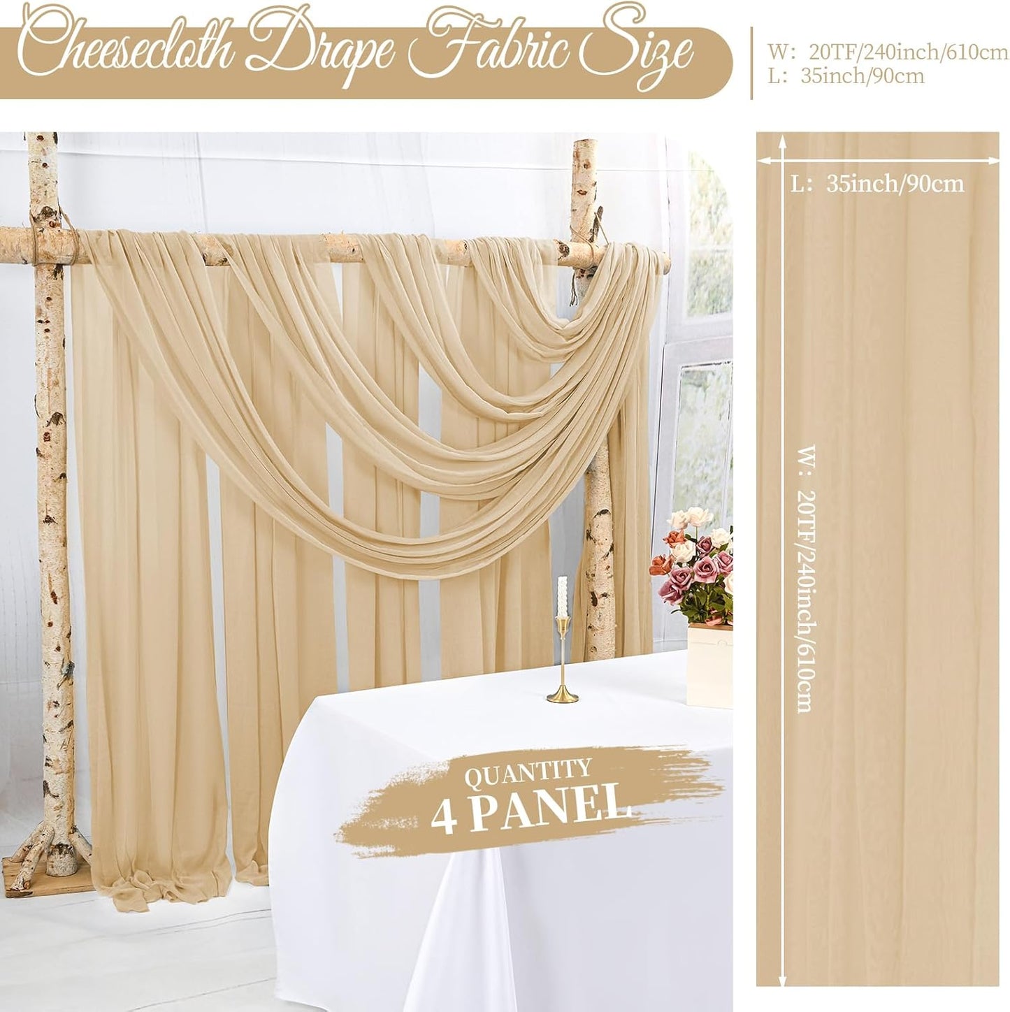 4 Panels Beige Cheesecloth Draping Fabric 35" x 20FT Gauze Fabric Arch Drapes for Wedding Reception Sheer Backdrop Photo Background Household Curtain or Outdoor Curtain
