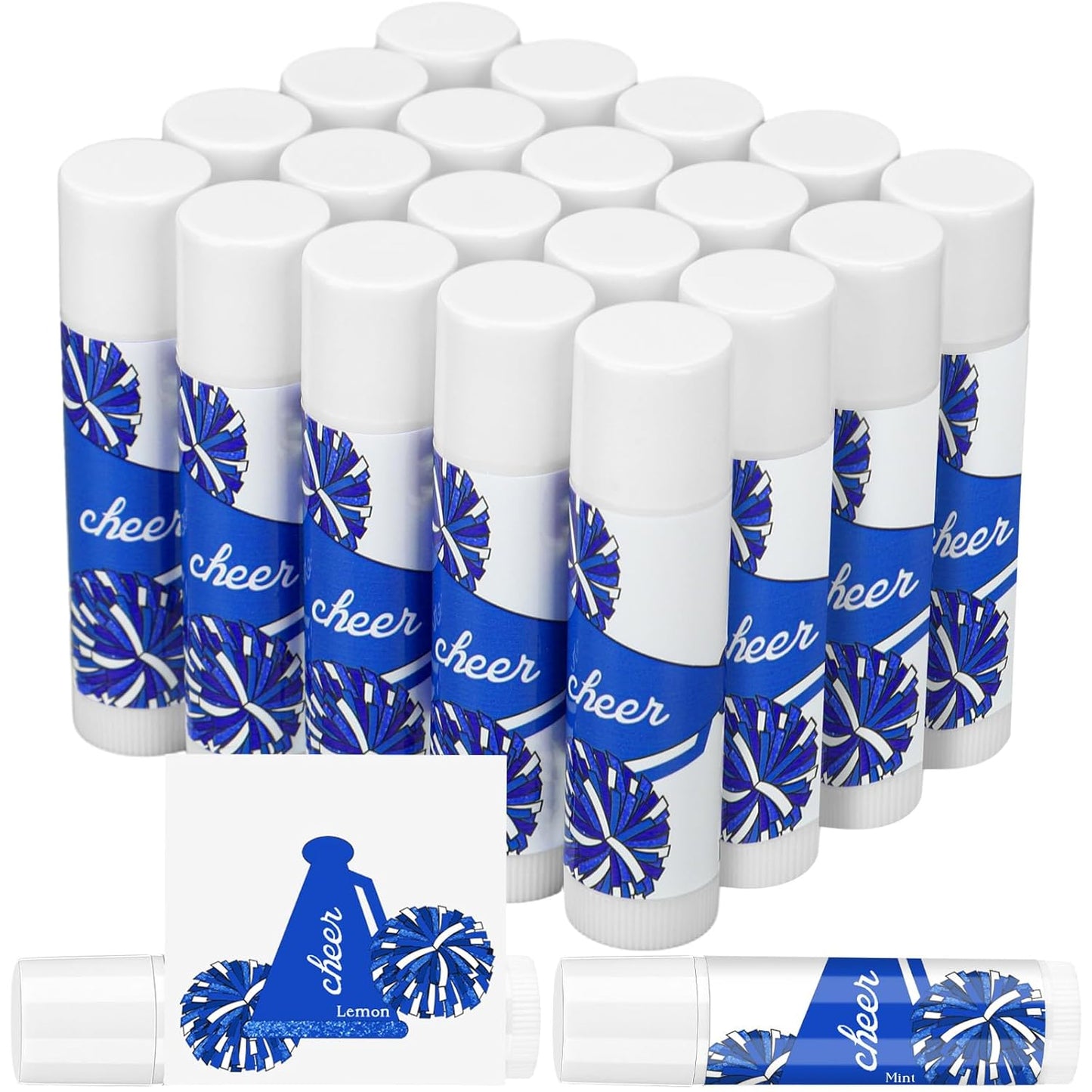 24 Pcs Cheer Lip Balm Cheer Teams Camp Gifts Pom Pom Leaders Party Favors Gear Lip Balm Mom Gift for Competitive Party Guest Supplies(Blue and White)