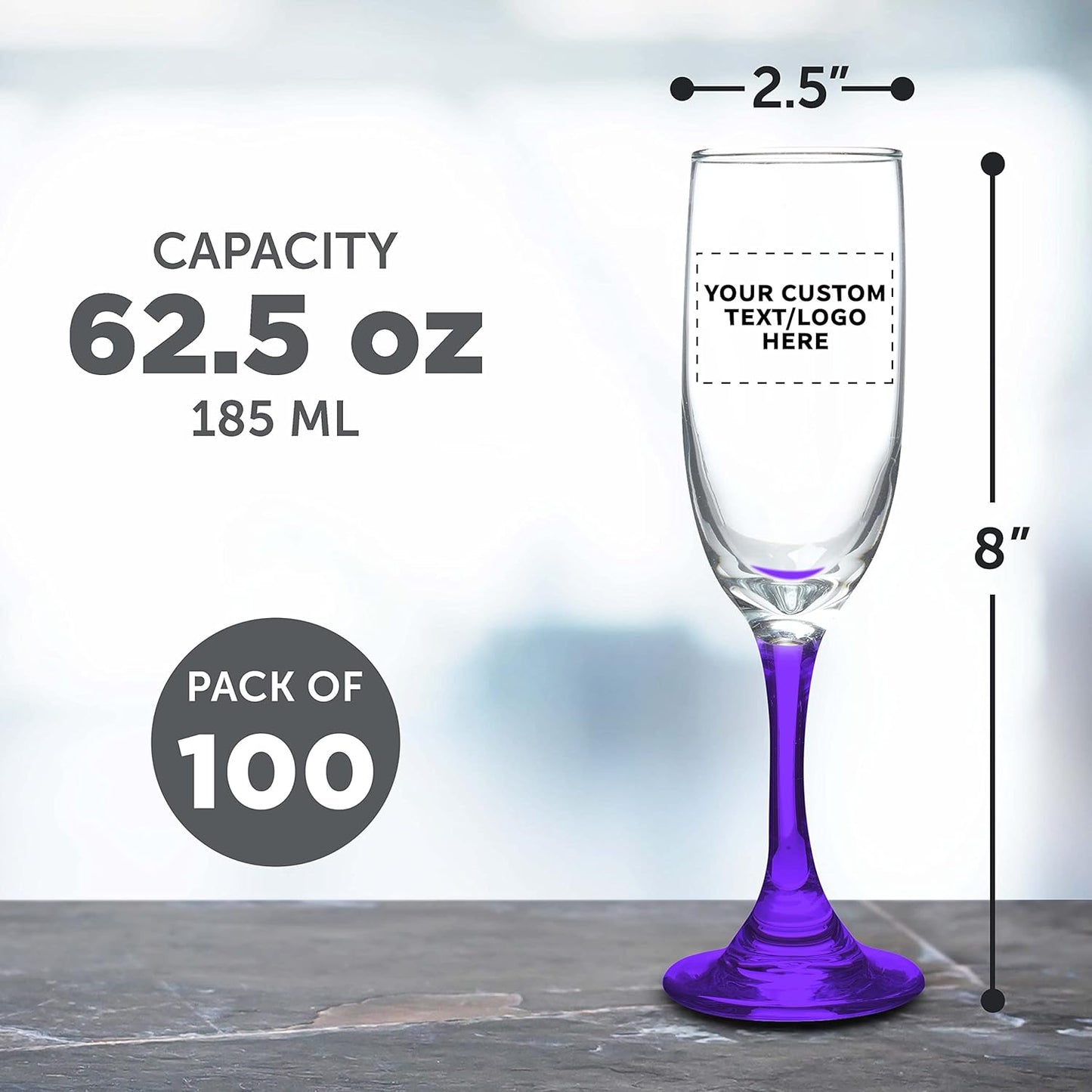 DISCOUNT PROMOS Custom Premiere Champagne Flutes 6.25 oz. Set of 100, Personalized Bulk Pack - Elegant Drinkware for Weddings, Events, & Promotional Gifts - Purple