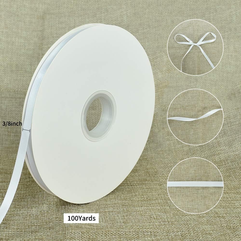 TONIFUL 3/8 Inch x 100yds White Satin Ribbon Thin Solid Fabric Ribbons Roll for Gift Wrapping Hair Balloons Party Wedding Popsicles Decoration Valentine's Day Bouquet Halloween Christmas
