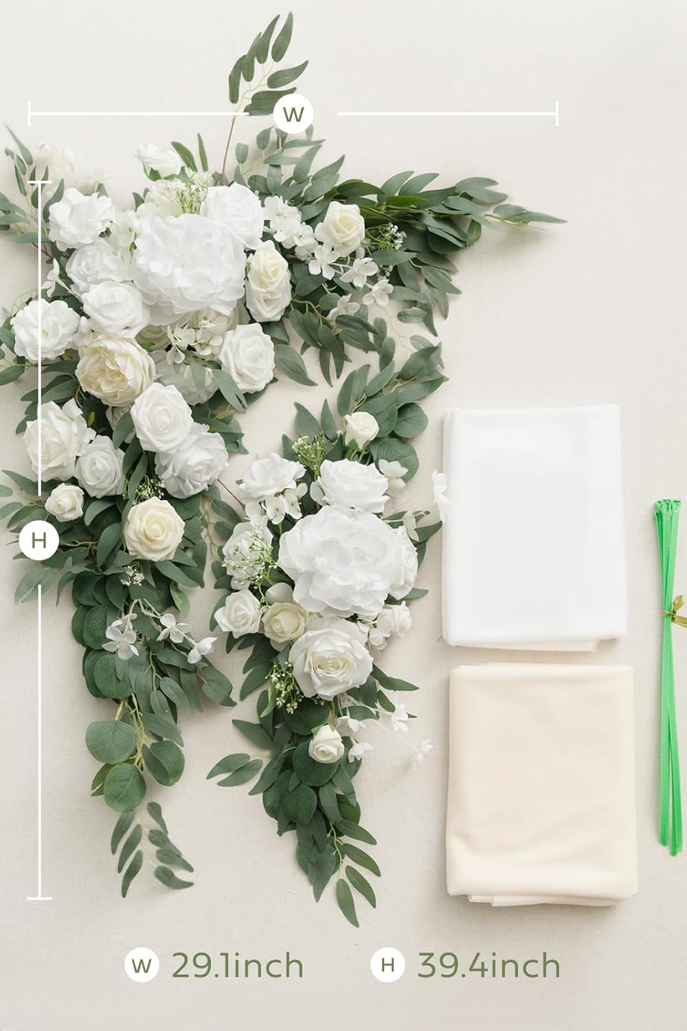 Ling's moment Artificial Wedding Arch Flowers Kit Pack of 4, 2pcs Hanging Silk Flowers Arrangement 2pcs Chiffon Drapes Ceremony Spring Fake Rose Arbor Backdrop White Sage Floral Party Outdoor Decor