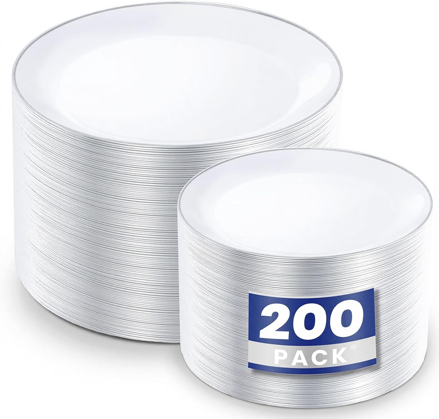 KIRE 200PCS Silver Plastic Plates - White Plastic Plates with Silver Rim Include 100 Dinner Plate and 100 for Dessert/Salad Plate for Birthday/Wedding/Party for Christmas