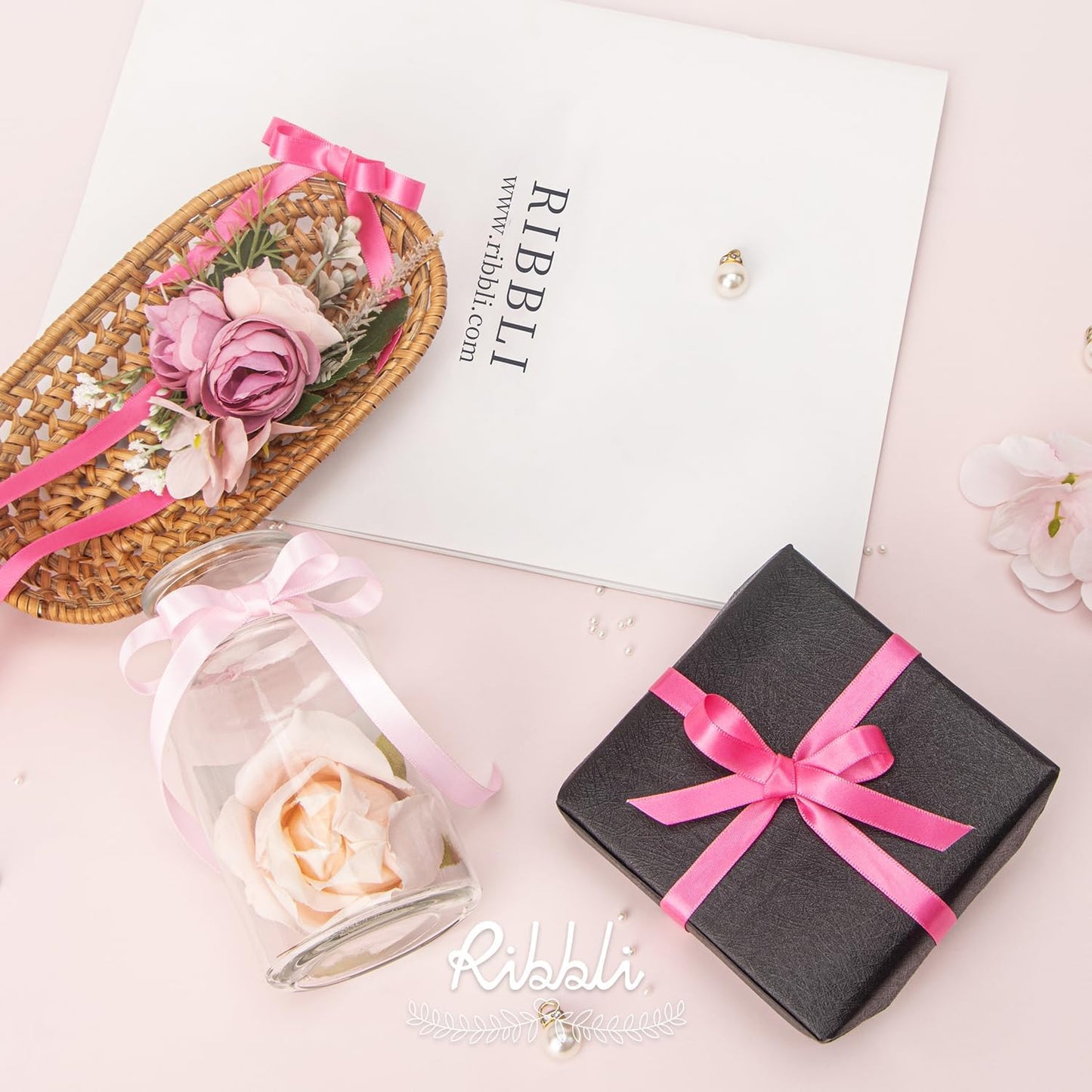 Ribbli Pink Satin Ribbon 3/8 Inch x 4 Rolls Total 40 Yards- White Pink Ribbon for Gift Wrapping Craft Wedding Decoration