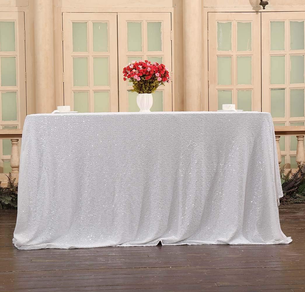 SquarePie Sequin Tablecloth 50 x 72 Inch White Sparkly Table Linen for Wedding Party