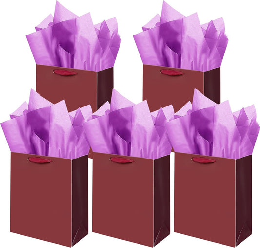 Gcardist Ripe Brown Gift Bags with Tissue Paper for Wedding, Birthday, Party Supplies-7.9"x4.3"x9.6" Medium Size Cardboard Gift Bags（5pcs Bags +10pcs Tissue Paper ）
