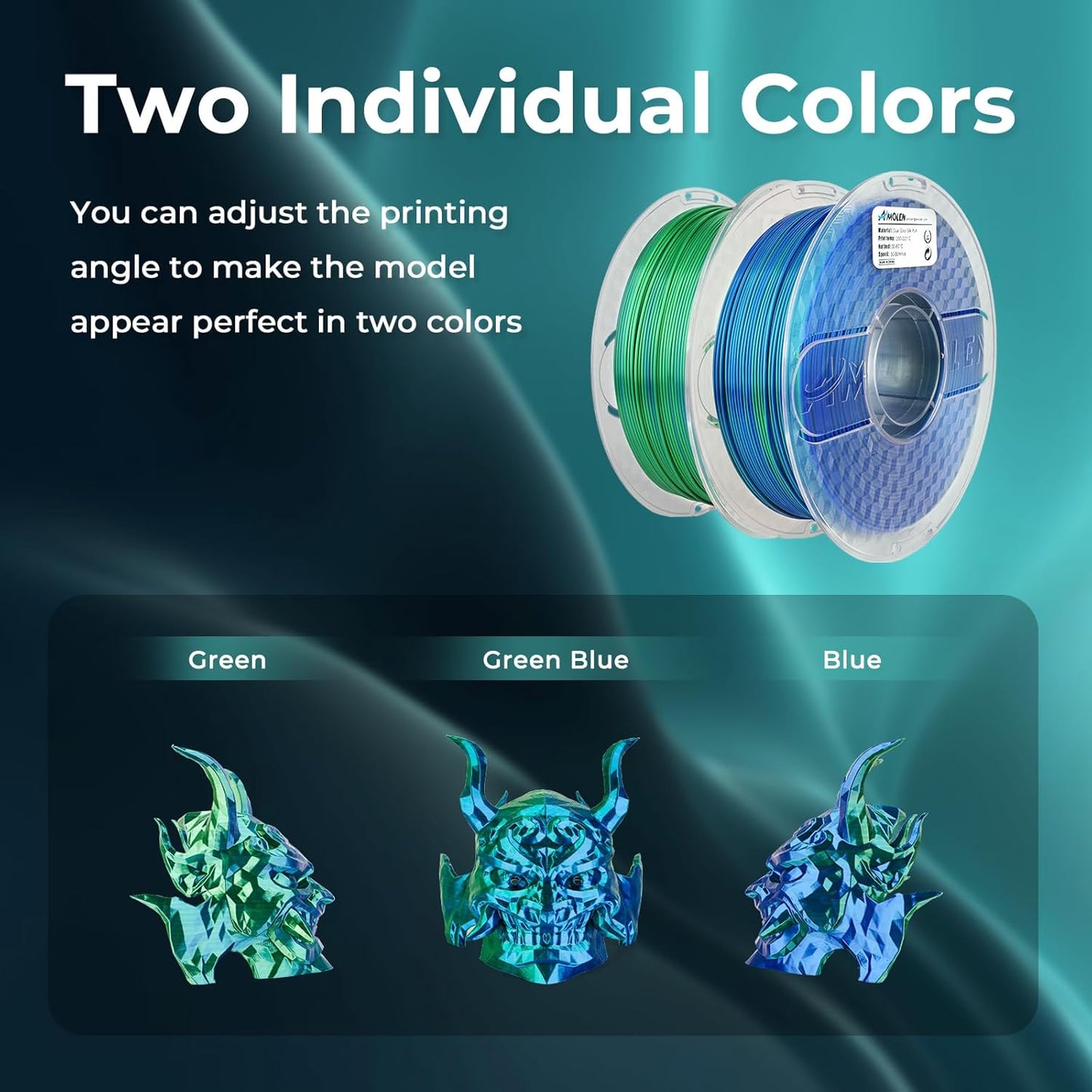 AMOLEN Silk PLA 3D Printer Filament, Silk Dual Color Blue Green PLA Filament 1.75mm, Shiny Coextrusion PLA Filament, Color Change 3D Printing Filament 1KG/2.2lb
