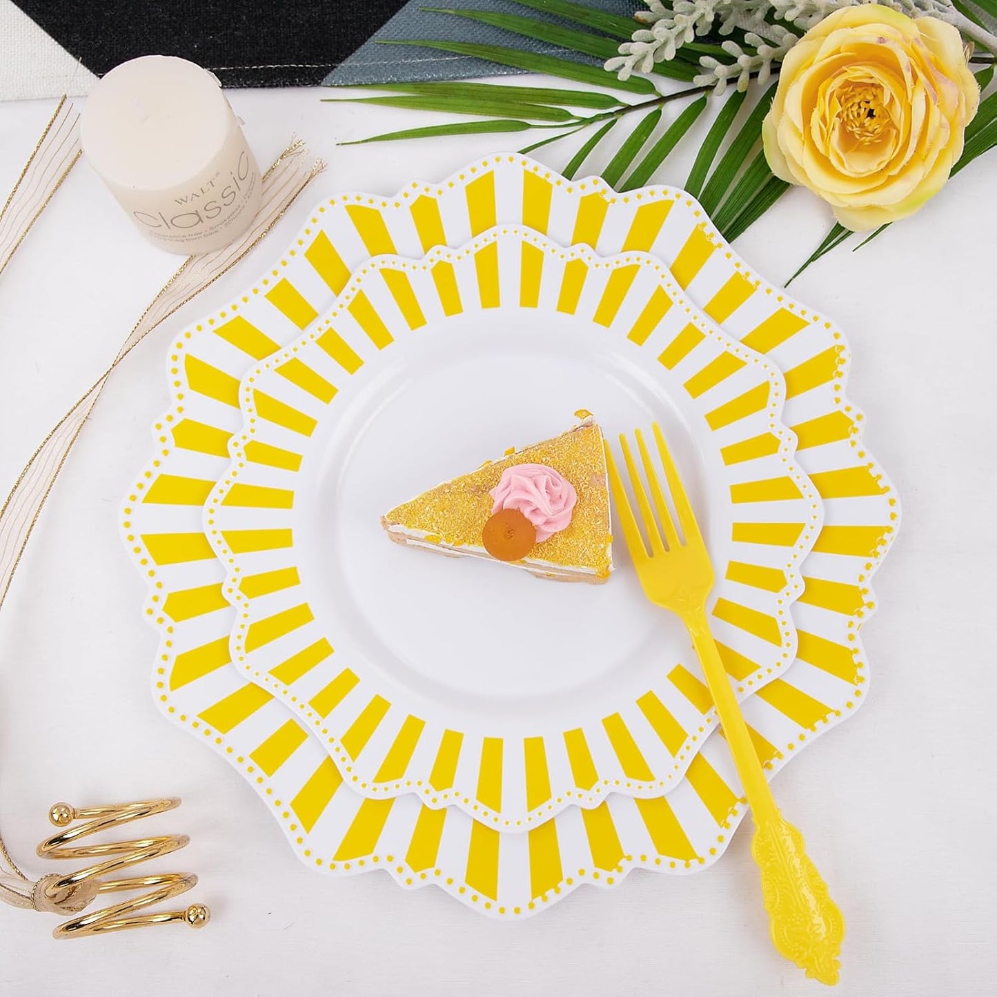 COLOSUS 150pcs Disposable White Lemon Yellow Striped Plastic Party Plates and Silverware set, Yellow Dinner/Dessert Plates silverware 30guests for Easter Birthday Weeding Party and Daily use.