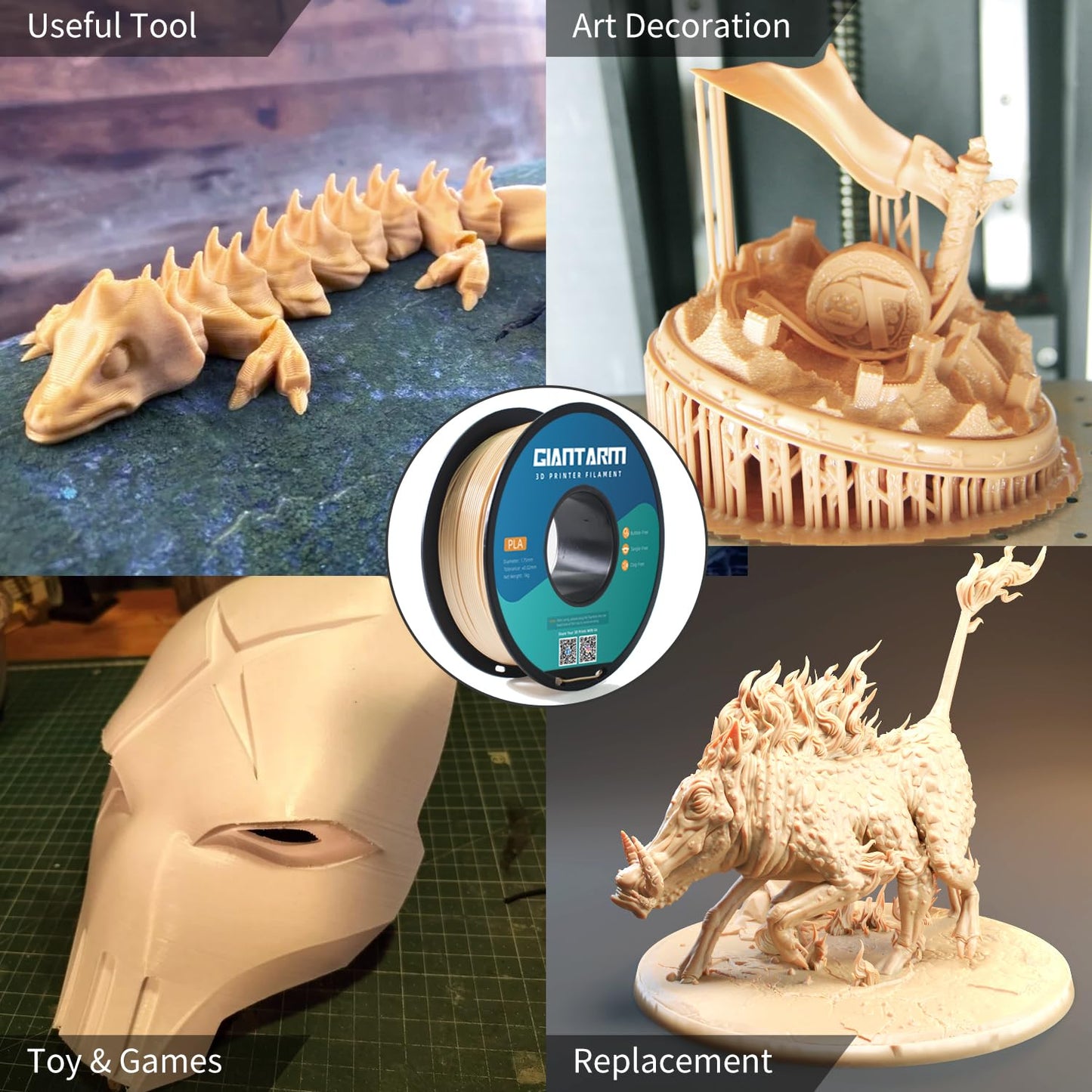 GIANTARM 3D Printer Filament, Bone White Pla Filament, 1Kg(2.2lbs) Spool, 1.75mm Dimension Accuracy +/- 0.03mm, 3D Printing Filament