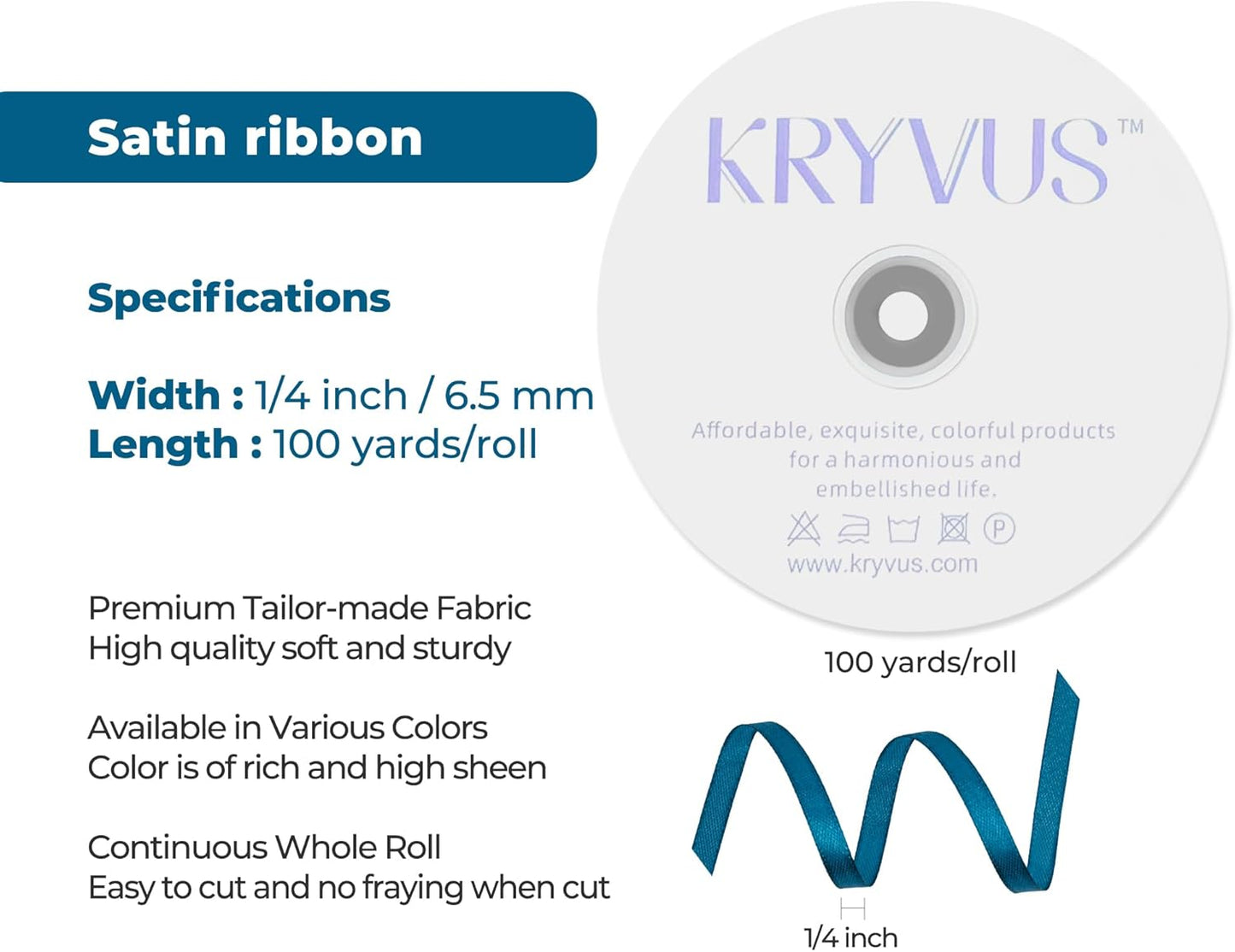 Turquoise Satin Ribbon 1/4 inch X Continuous 100 Yards, Single Face Polyester Ribbon Perfect for Gift Wrapping, Flower Bouquet, Wedding Decor, Crafts, Bow Making, Sewing and More