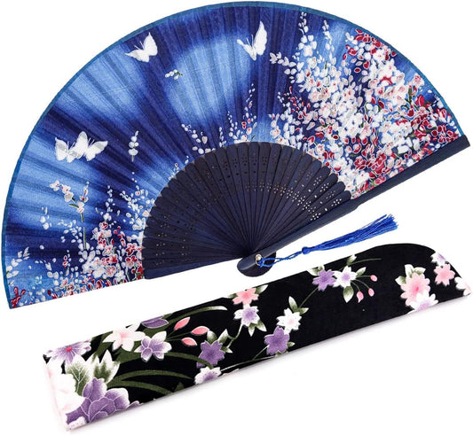 Amajiji 8.27"(21cm) Hand Held Bamboo Silk Folding Fan Hand Fan,Chinese/Japanese Charming Elegant Vintage Retro Style,Women Ladys Girls Best Gifts (Blue Butterfly)