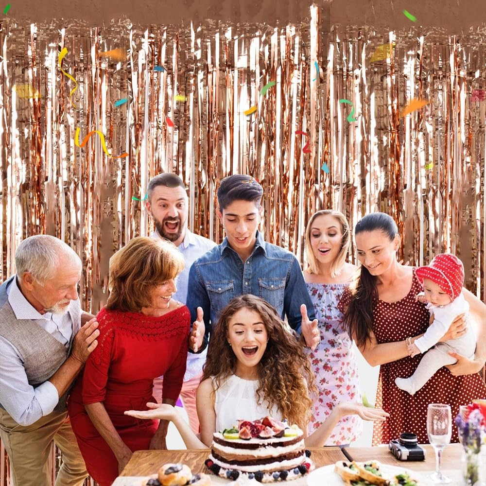 BEISHIDA 2 Pcs Rose Gold Door Streamers Tinsel Curtain Party Backdrop Fringe Foil Wall Background for Birthday Christmas Wedding Hot Pink Girls Valentine's Day Party Decoration(3.28 ft x 6.56 ft)