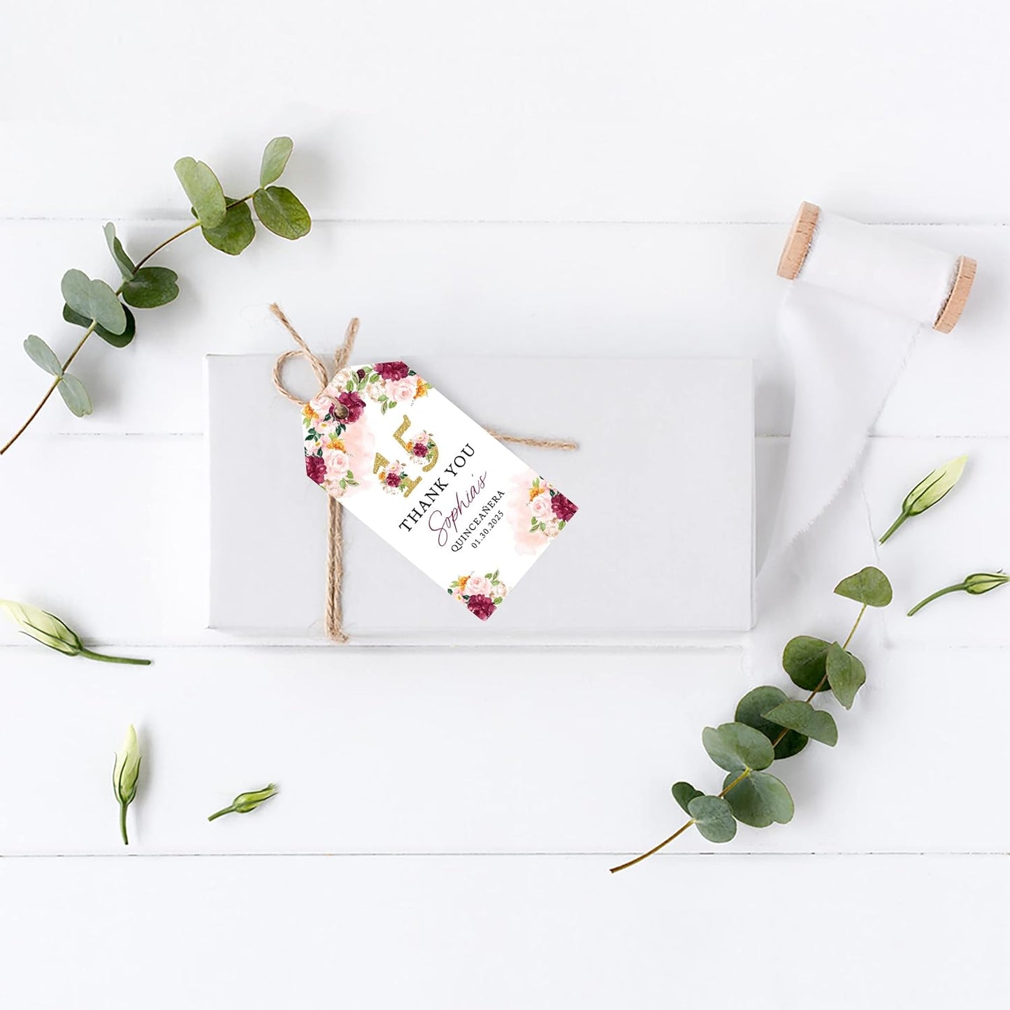 Andaz Press 40-Pack Personalized Quinceañera Favor Tags with String, Burgundy & Blush Florals Custom Classic Thank You Gift Tags for Mis Quince Años XV 15th Birthday Favor Gifts, Decorations
