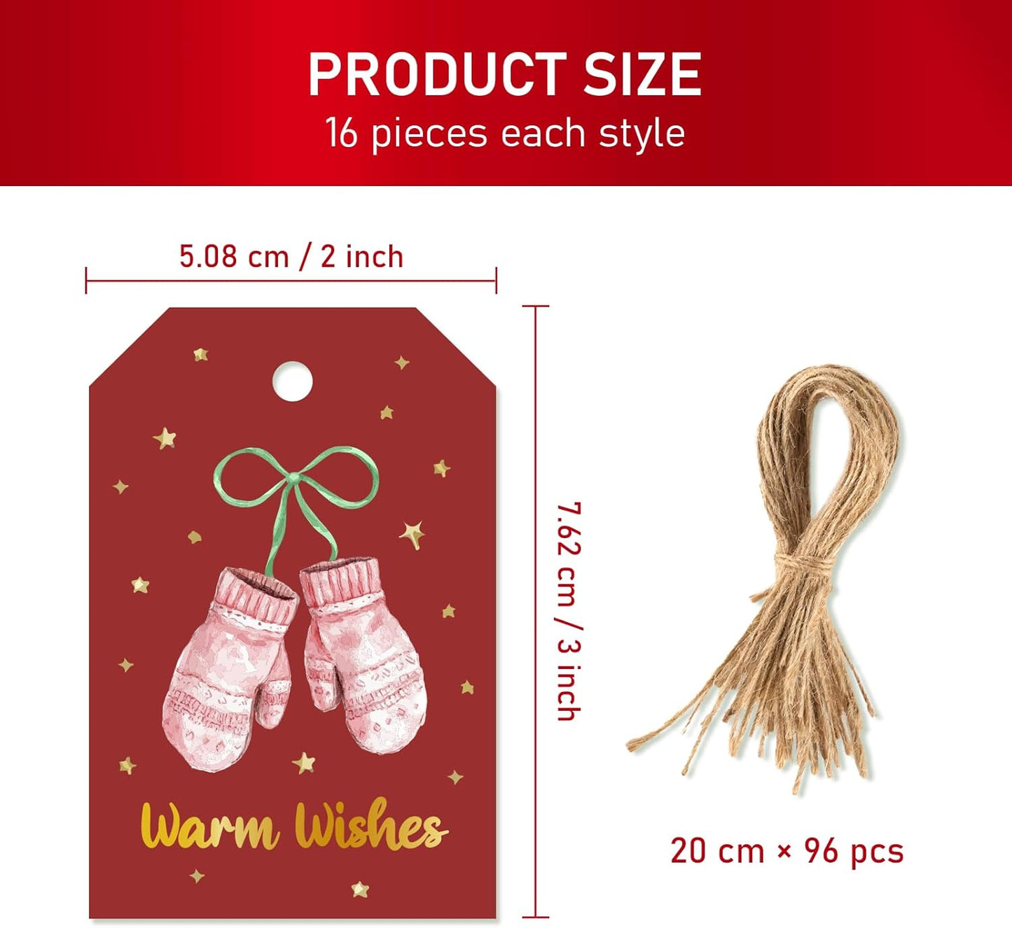 96 Pcs Christmas Gift Tags, Watercolor Christmas Hanging Tags Label Gold Foil with Hemp Rope Xmas Present Tag for DIY Xmas Holiday Present Wrapping Decorations, 6 Styles