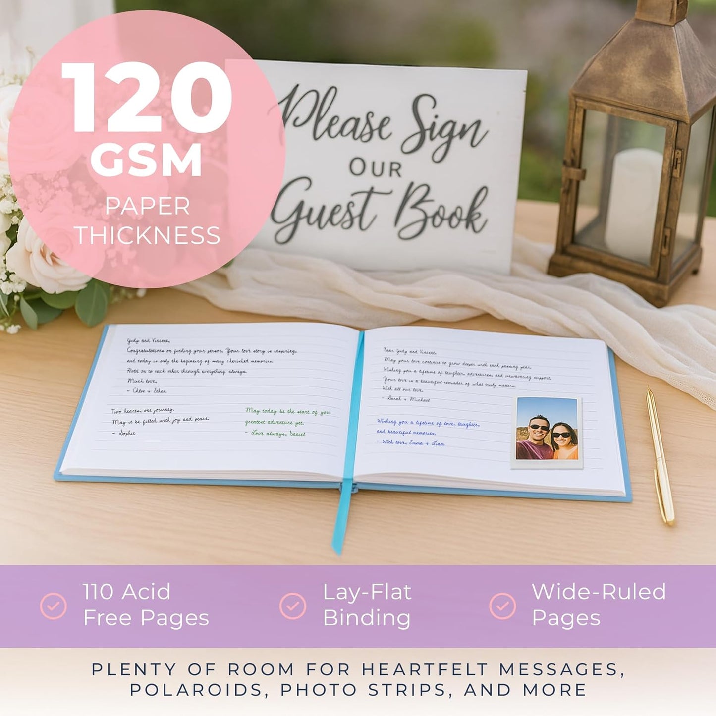 Promot Personalized Guestbook for Party (Baby Blue) - 110 Lined Pages in Wood-Free Vegan Leather Hard Cover - Wedding Guest Book Sign in and Photos, Baby Shower, Birthday or Graduation