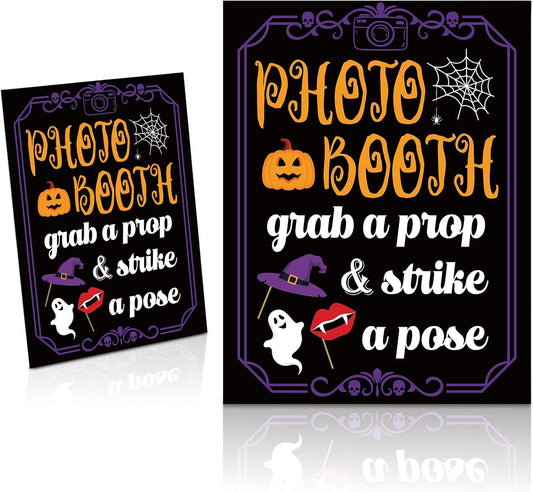 Photo Booth Sign with Stand Retro Background Table for Halloween Indoor and Outdoor Party Theme Event Photography Props Desktop Decoration Supplies