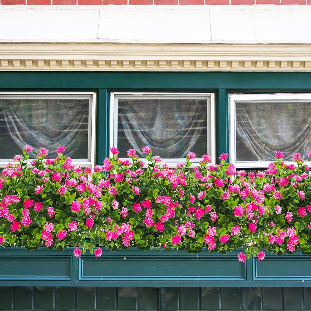 10 Bundles Artificial Fake Flowers, Faux Outdoor Plastic Plants UV Resistant Shrubs Outside Indoor Decorations (Pink-Eucalyptus)