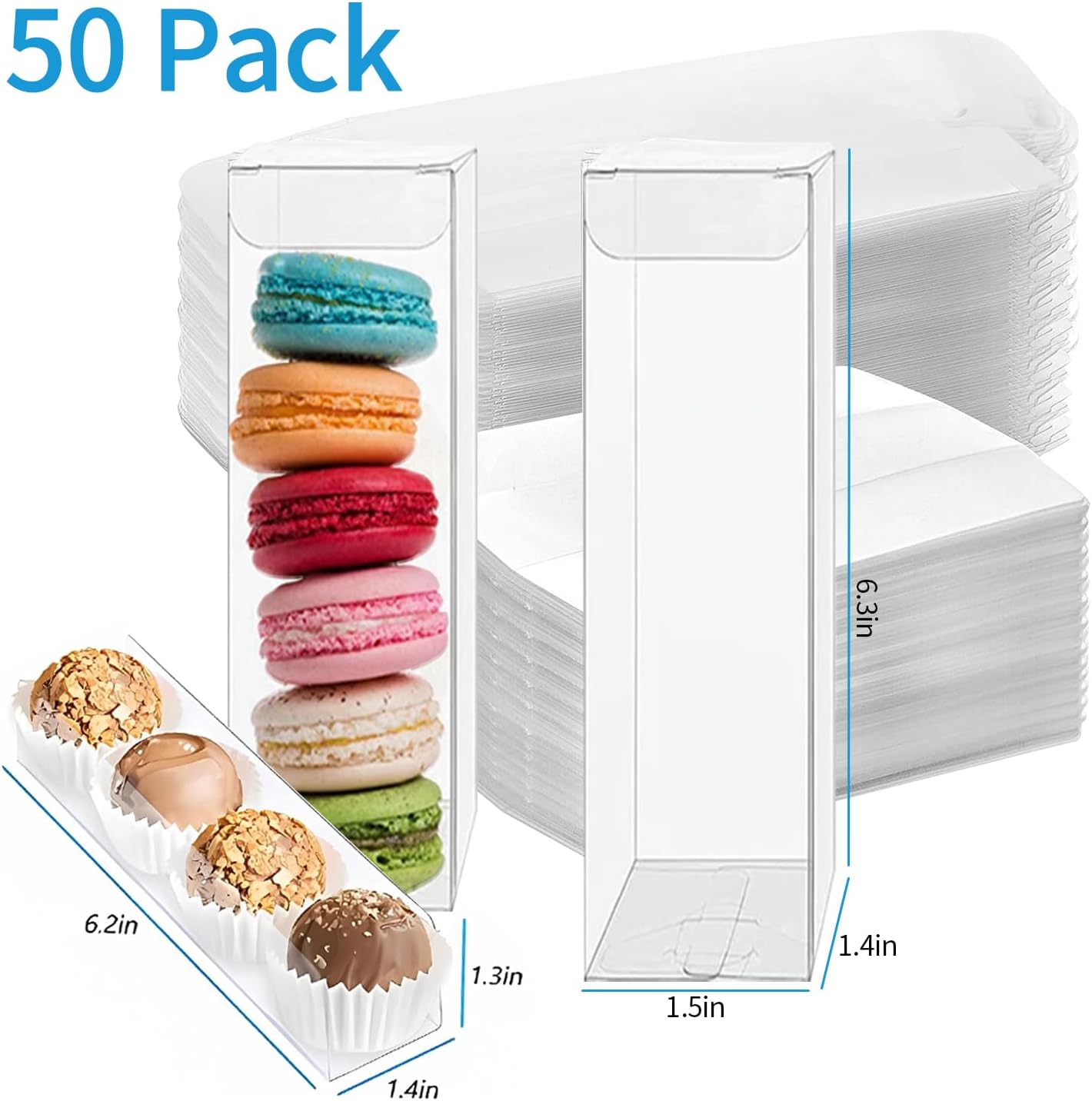50 PCS Clear Favor Boxes, Macaron Gift Boxes with Inserts, Truffle Boxes, Clear Candy Boxes for Christmas, Wedding, Baby Birthday Party, 6.3"x1.5"x1.4"