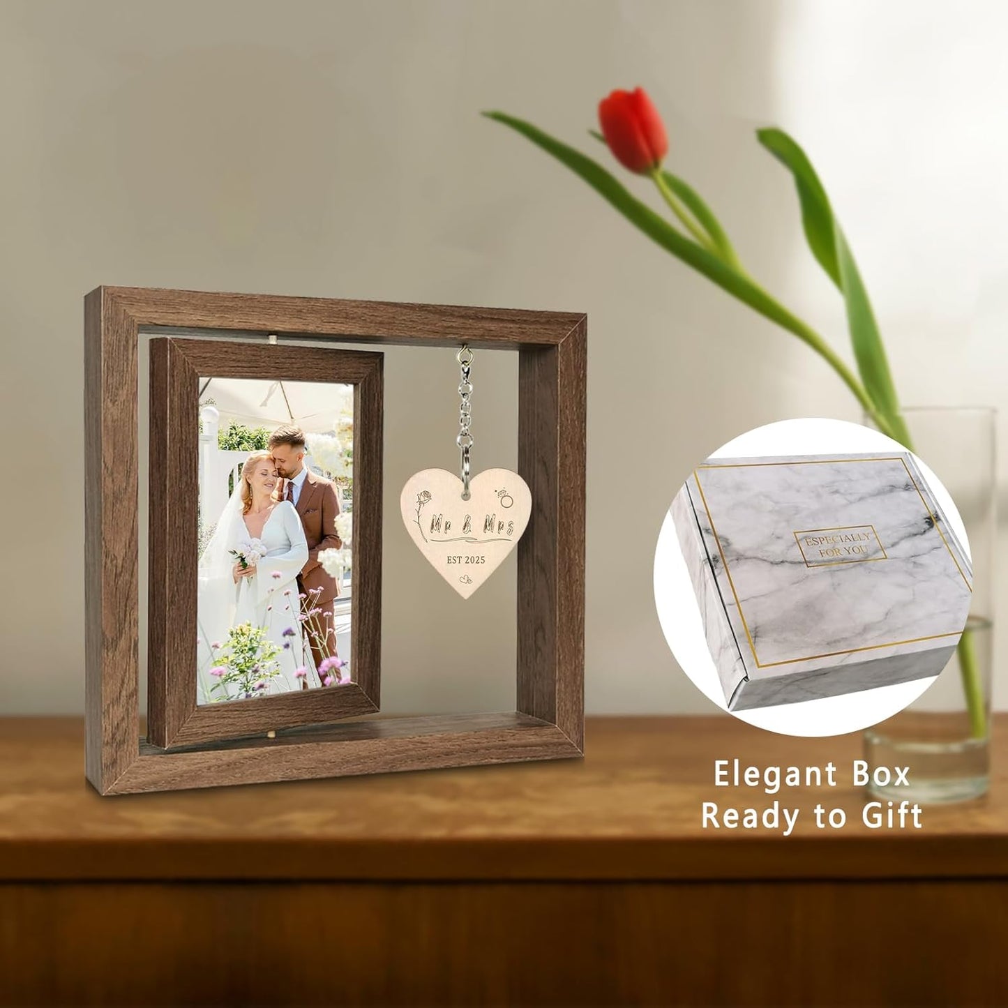 Rotating Floating Mr & Mrs EST 2025 - Let the Adventure Begin Picture Frame, Wedding Bridal Shower Gifts for Bride Newlywed Couples, Display Two 4x6