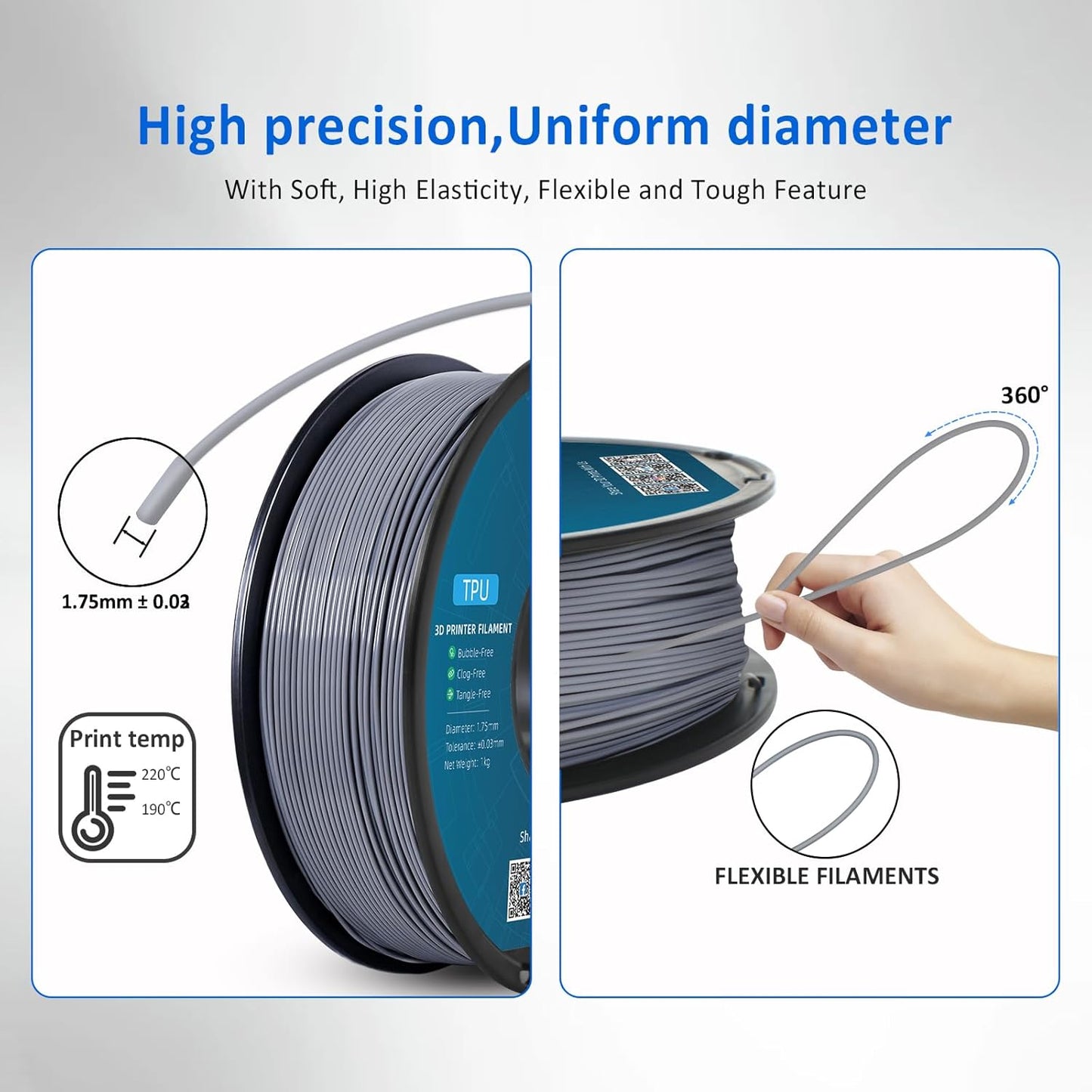 Geeetech TPU Filament 1.75mm, Shore 95A Flexible 3D Printer Filament with High Elasticity, 1KG (2.2lbs) Spool, Dimensional Accuracy ±0.03mm, Fits Most FDM Printers (Clear Silver)