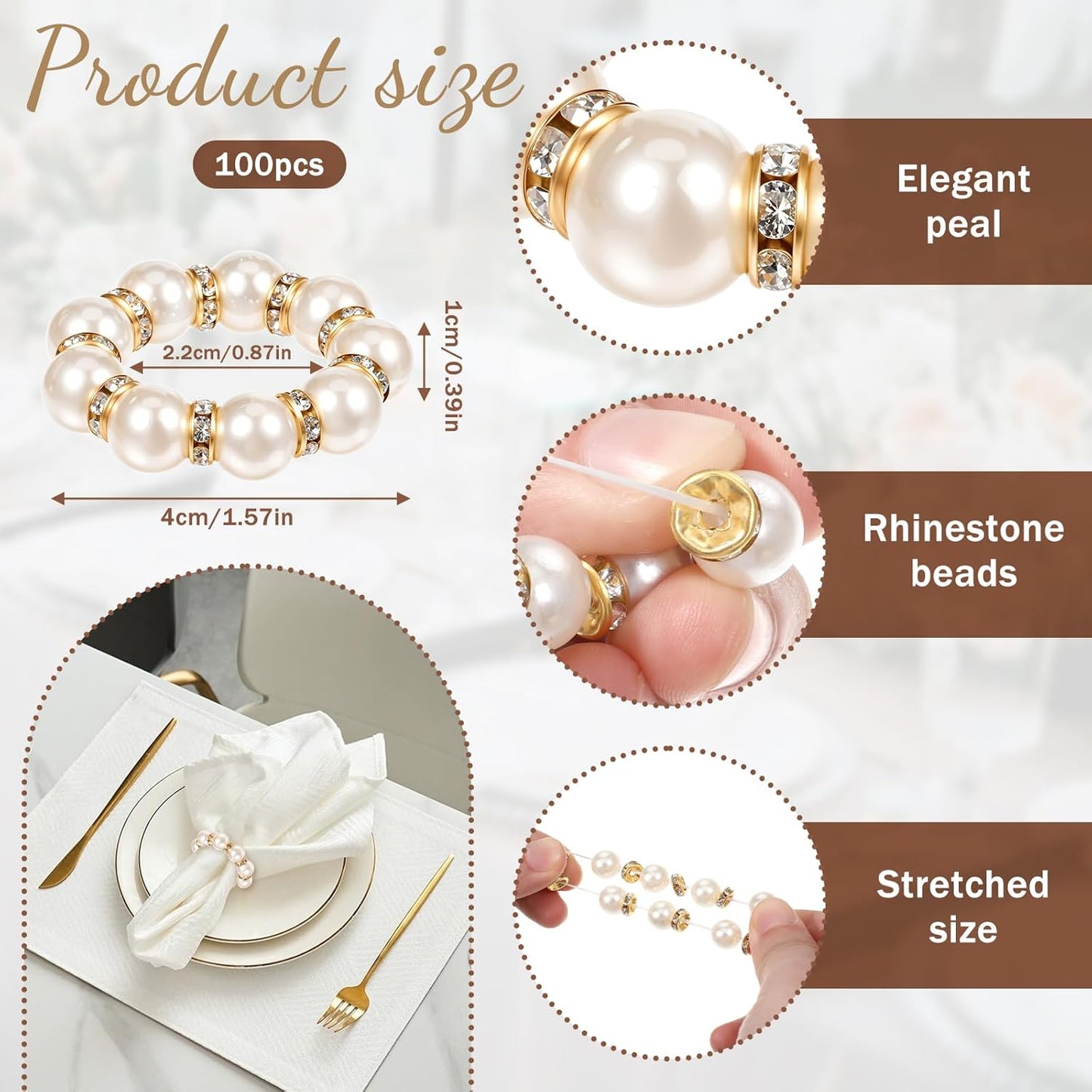 100pcs Pearl Napkin Rings Imitation Pearl Ring Napkins Holder Universal Napkins Holders Pearls Napkin Rings for Cloth Napkins for Wedding Party Dinner Table Decor and Daily Use