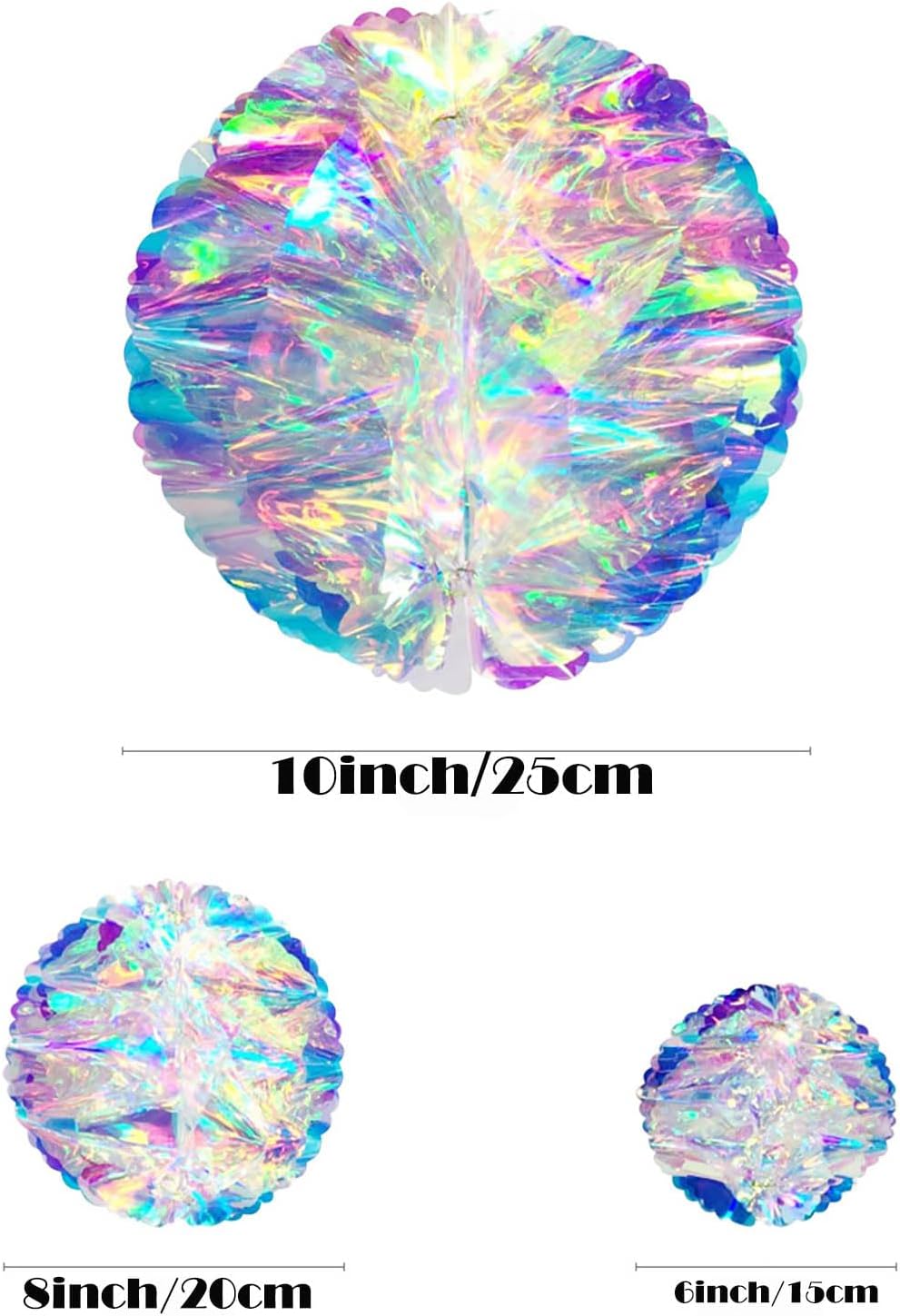 ZYOOO 3pcs Iridescent Honeycomb Balls,Shiny Rainbow Foil Ceiling Hanging Flowers for Wedding,Birthday,Theme Party Decoration(6" 8" 10")