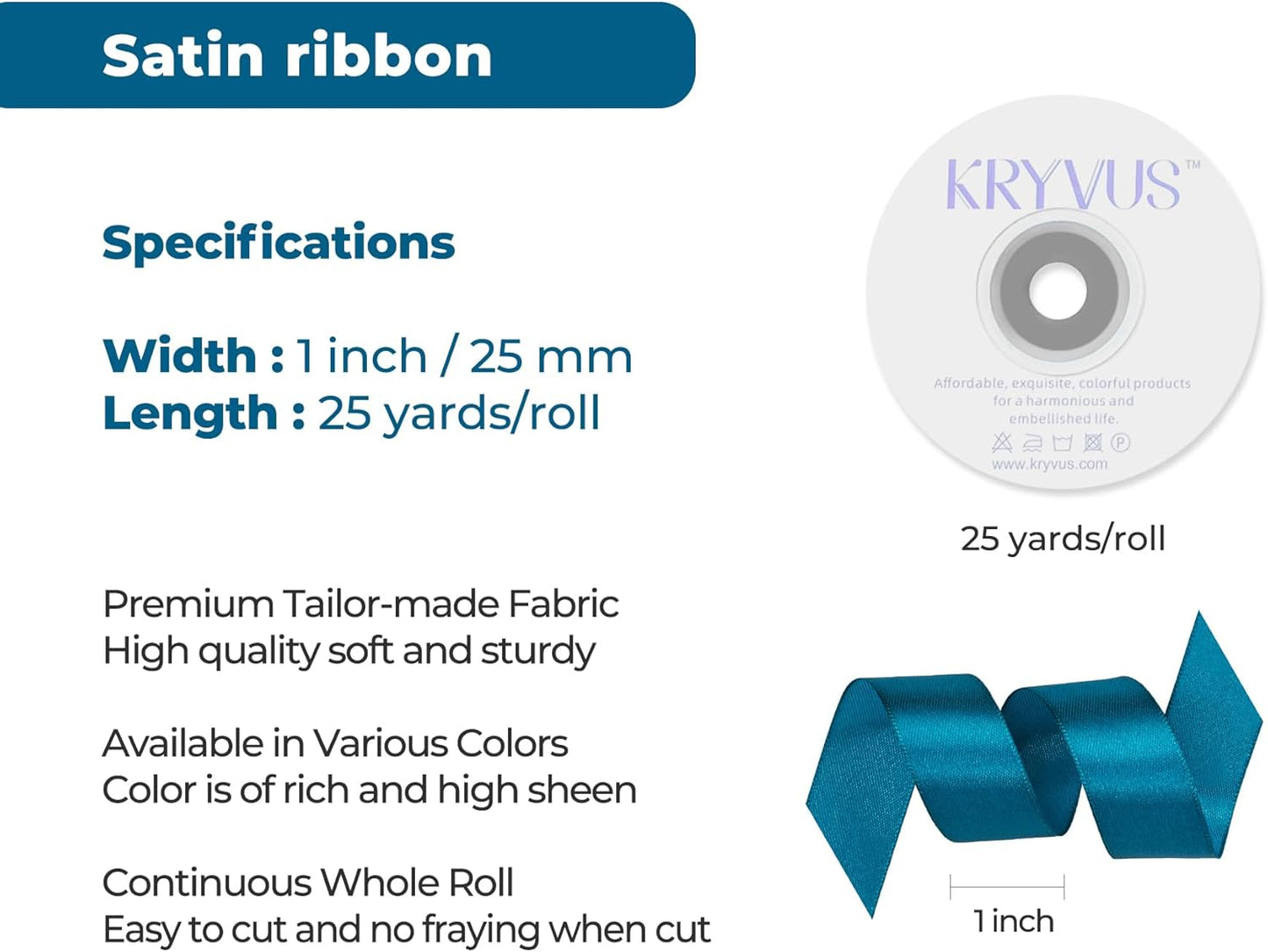 Turquoise Satin Ribbon 1 inch X Continuous 25 Yards, Single Face Polyester Ribbon Perfect for Gift Wrapping, Flower Bouquet, Wedding Decor, Crafts, Bow Making, Sewing and More