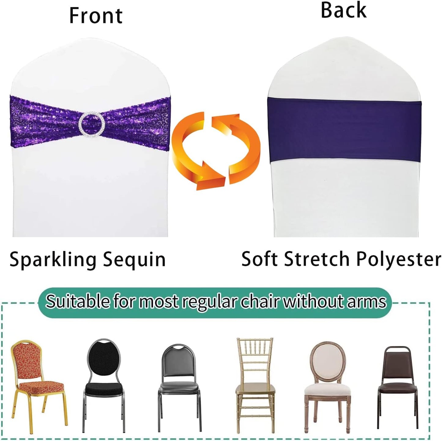 Chair Sashes Sequin Stretch Chair Bands Spandex Polyester Bows for Party Hotel Wedding Banquets Decoration - 6 Pcs Purple