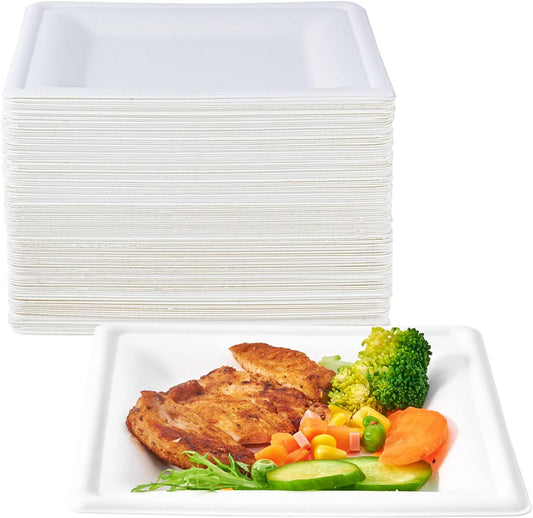 ECOLipak 150 Piecs Compostable Square Plates, 6 inch Eco-friendly Heavy Duty Biodegradable Sugarcane Disposable Paper Plates for Party Dinner Birthday
