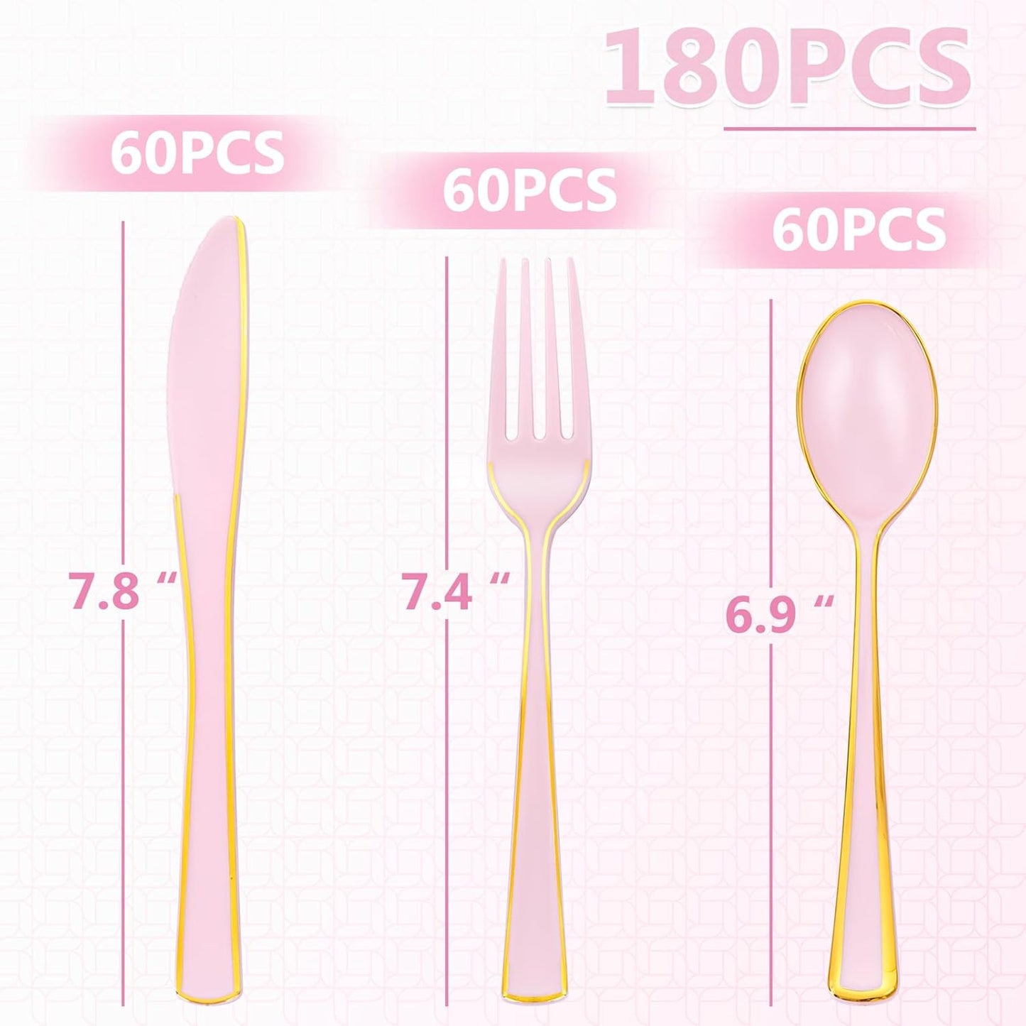 WDF 180 Pieces Pink Plastic Silverware with Gold -Pink Plastic Utensils Set - 60 Guest Pink Cutlery Disposable for Birthday/Party/Wedding